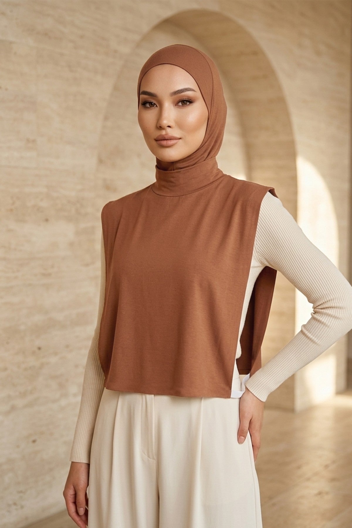 One-Piece Jersey Hijab & Neck Cover Set, Full Coverage Bonnet,DK-2 Caramel Brown