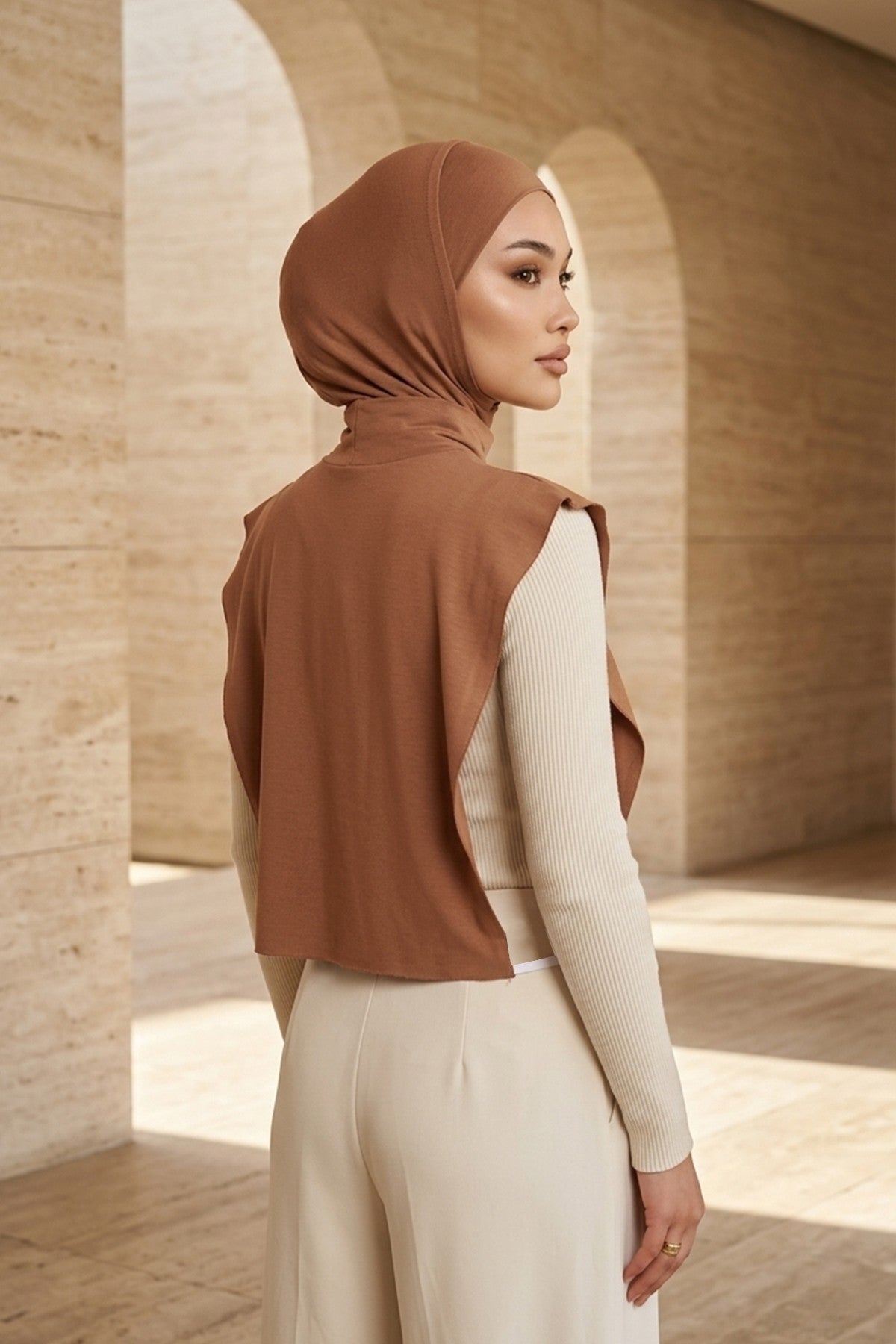 One-Piece Jersey Hijab & Neck Cover Set, Full Coverage Bonnet,DK-2 Caramel Brown