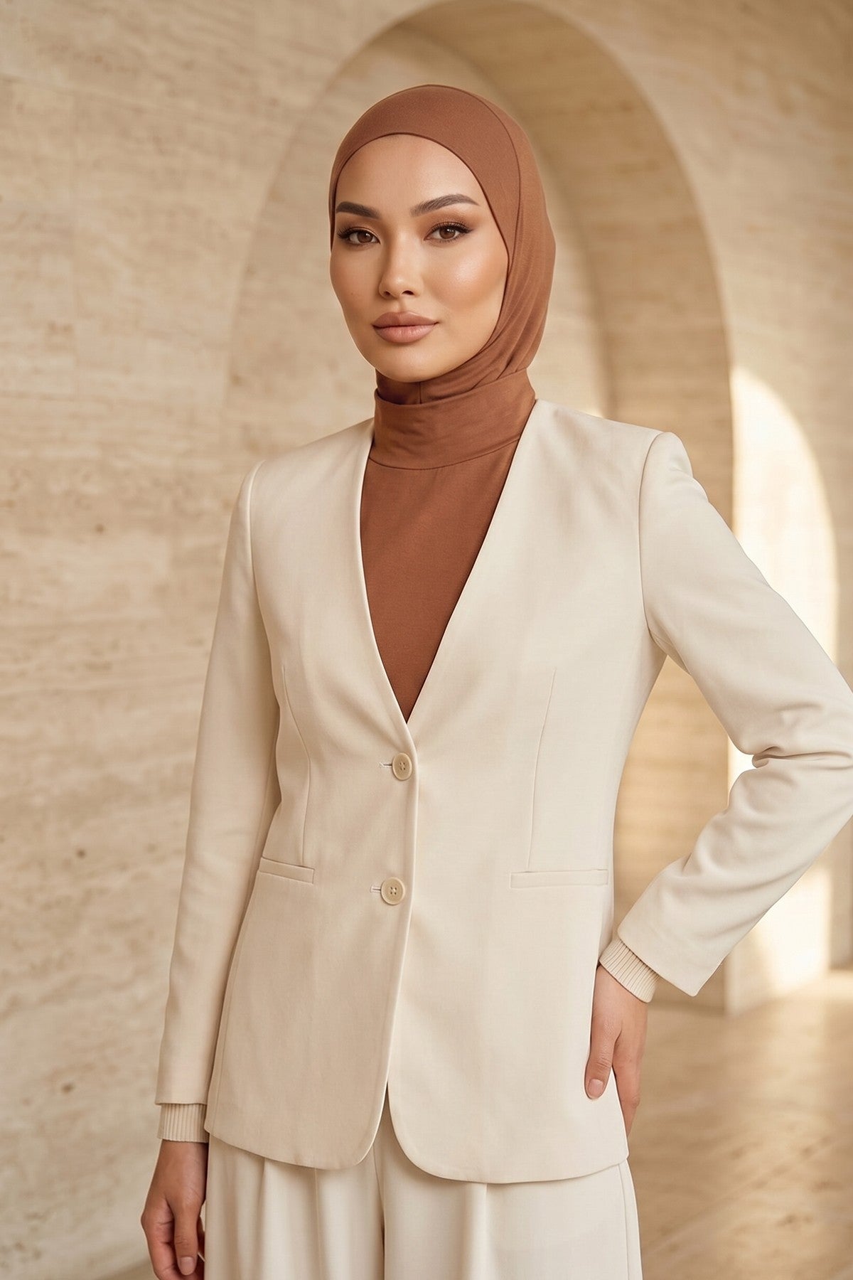 One-Piece Jersey Hijab & Neck Cover Set, Full Coverage Bonnet,DK-2 Caramel Brown