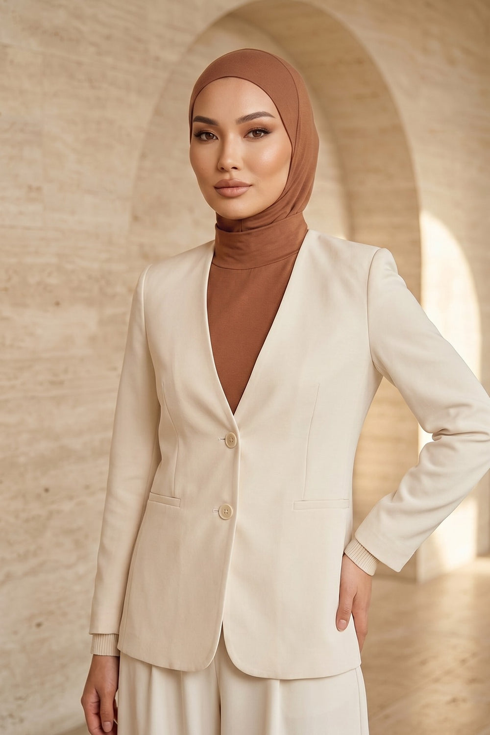 One-Piece Jersey Hijab & Neck Cover Set, Full Coverage Bonnet,DK-2 Caramel Brown