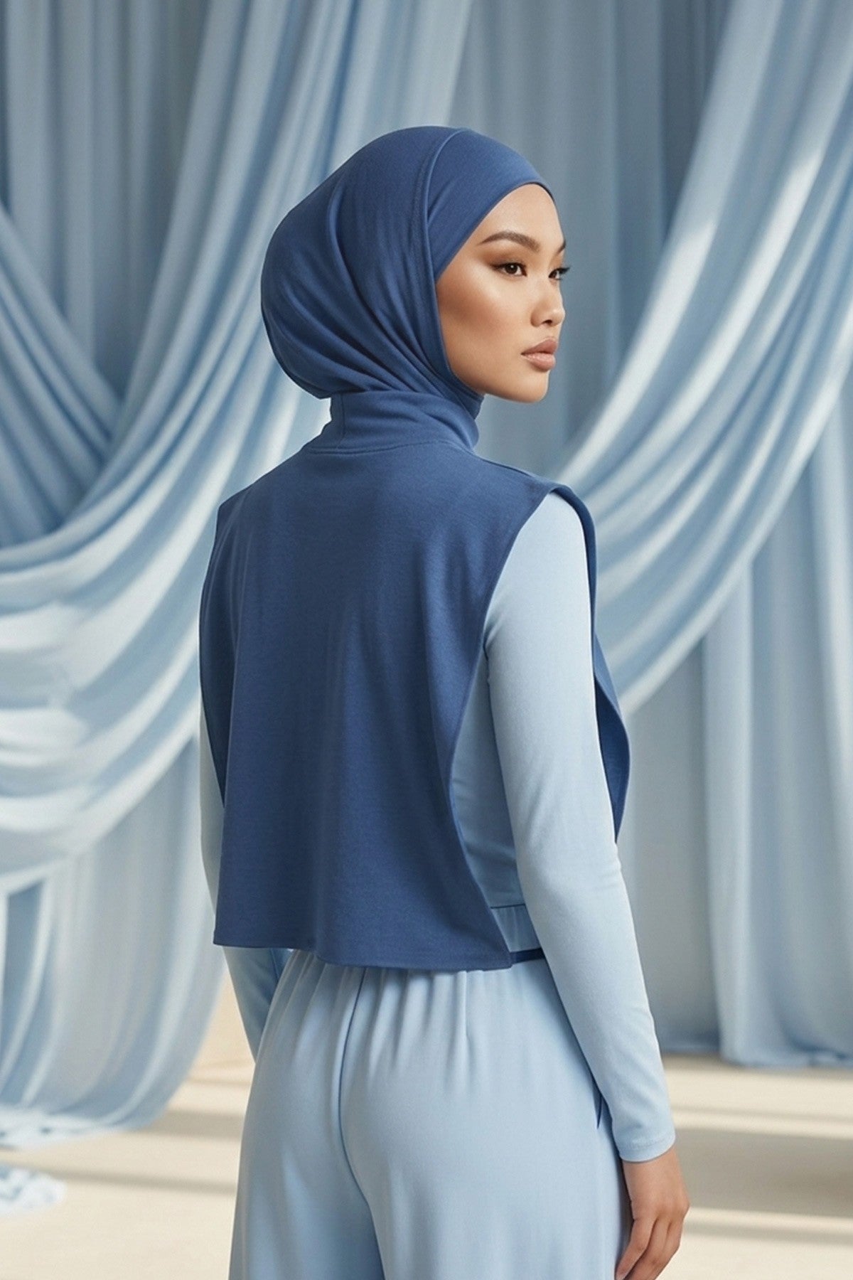 One-Piece Jersey Hijab & Neck Cover Set, Full Coverage Bonnet,DK-2 İndigo