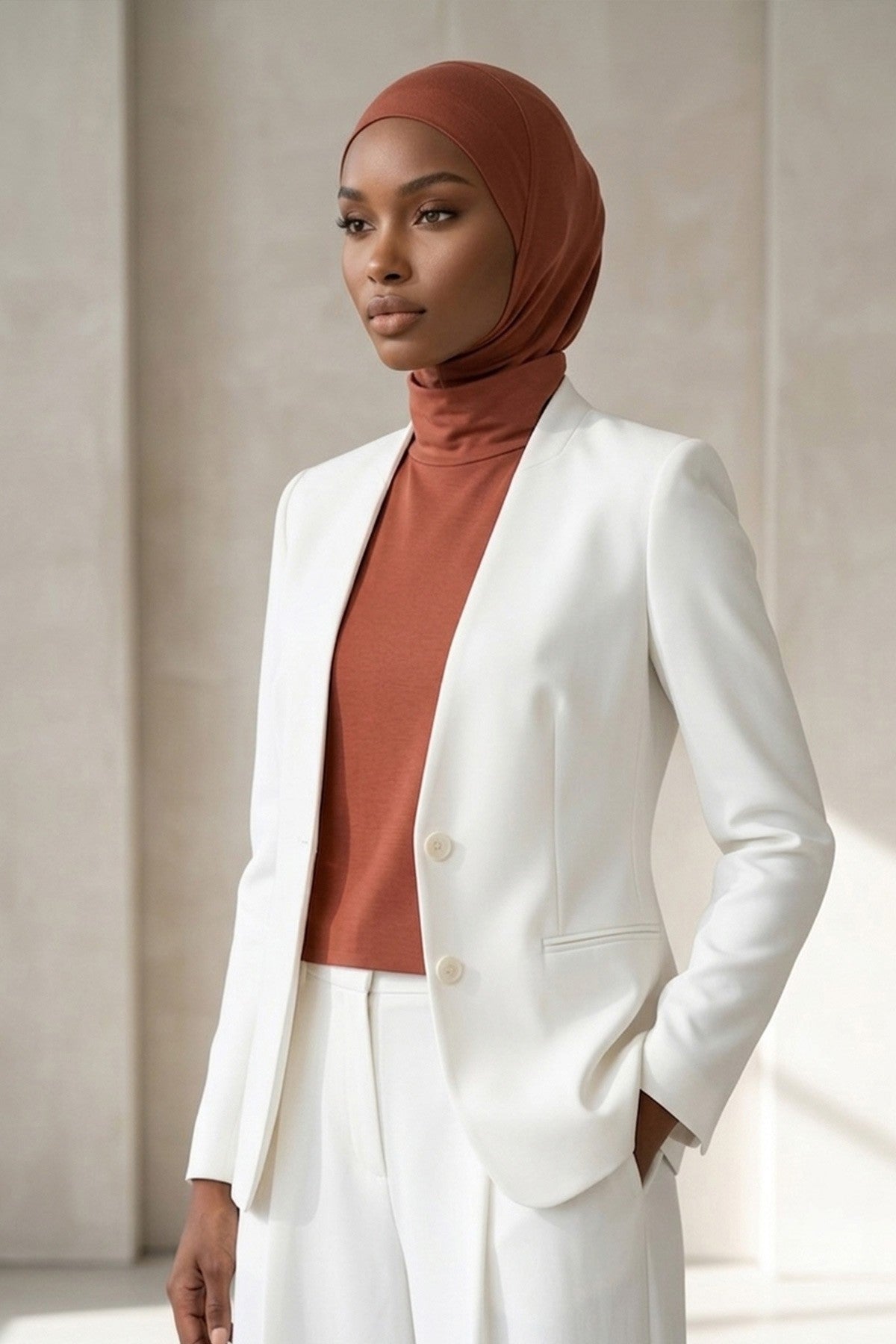 One-Piece Jersey Hijab & Neck Cover Set, Full Coverage Bonnet,DK-2 Cinnamon