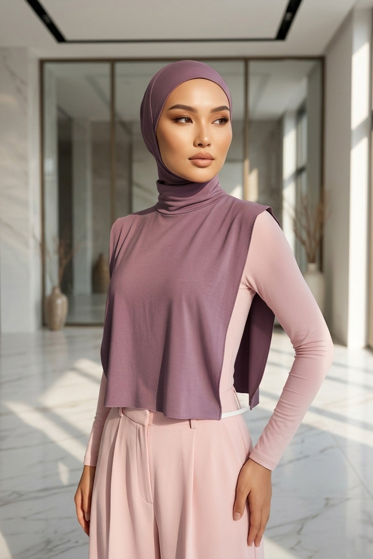 One-Piece Jersey Hijab & Neck Cover Set, Full Coverage Bonnet,DK-2 Dusty Rose