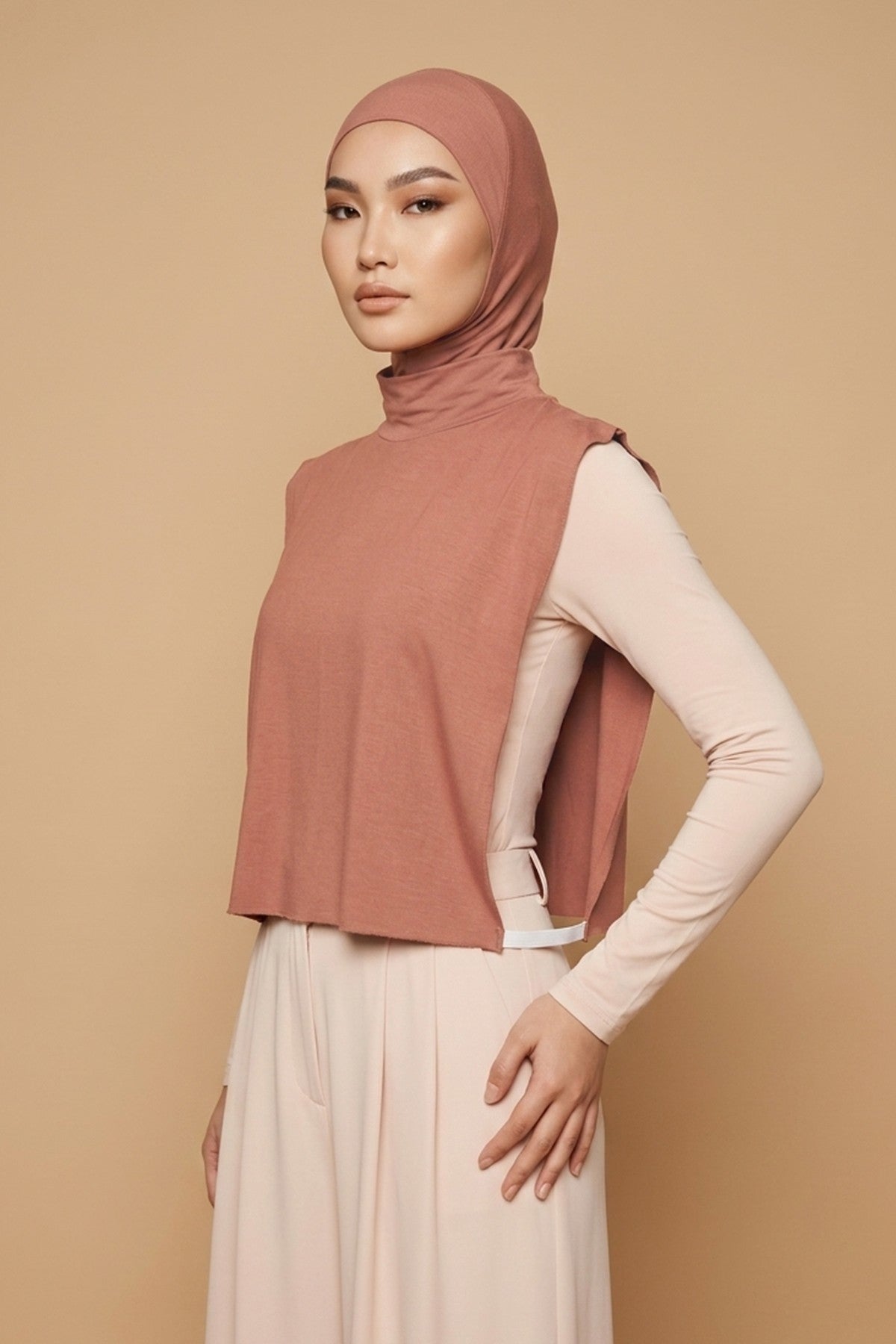 One-Piece Jersey Hijab & Neck Cover Set, Full Coverage Bonnet,DK-2 Cappucino