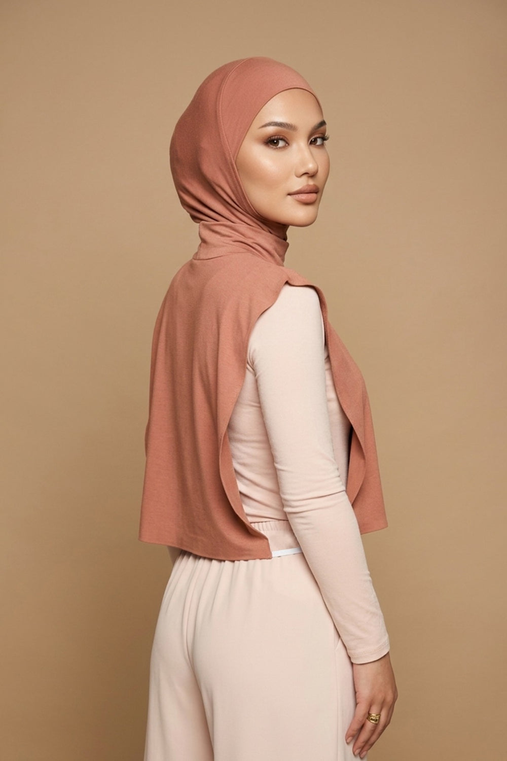 One-Piece Jersey Hijab & Neck Cover Set, Full Coverage Bonnet,DK-2 Cappucino