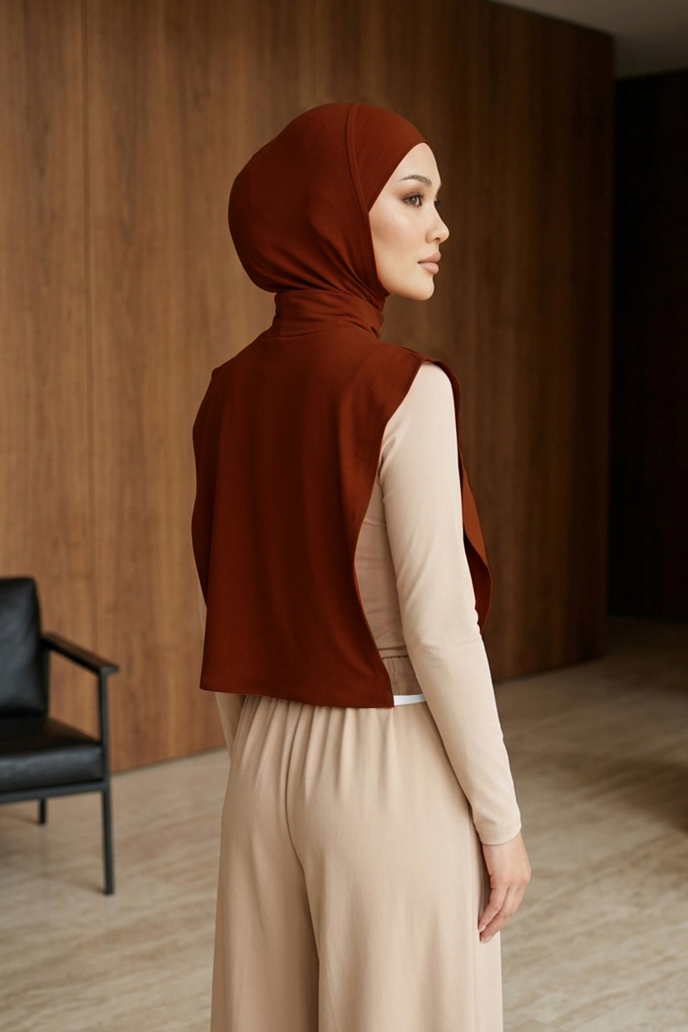 One-Piece Jersey Hijab & Neck Cover Set, Full Coverage Bonnet,DK-2 Tile Red