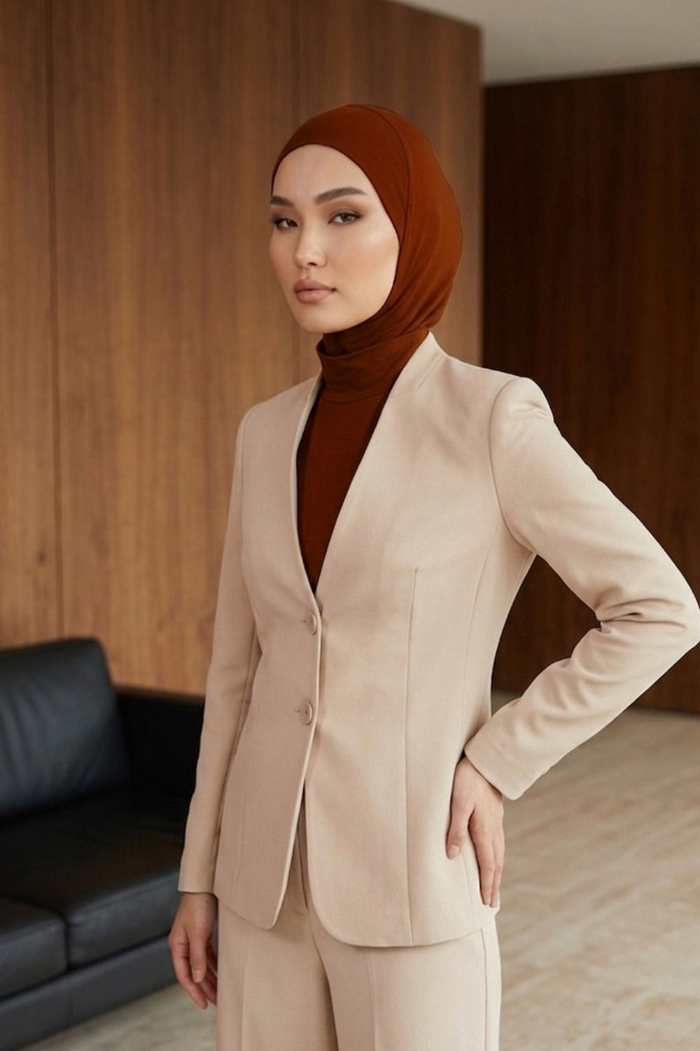 One-Piece Jersey Hijab & Neck Cover Set, Full Coverage Bonnet,DK-2 Tile Red