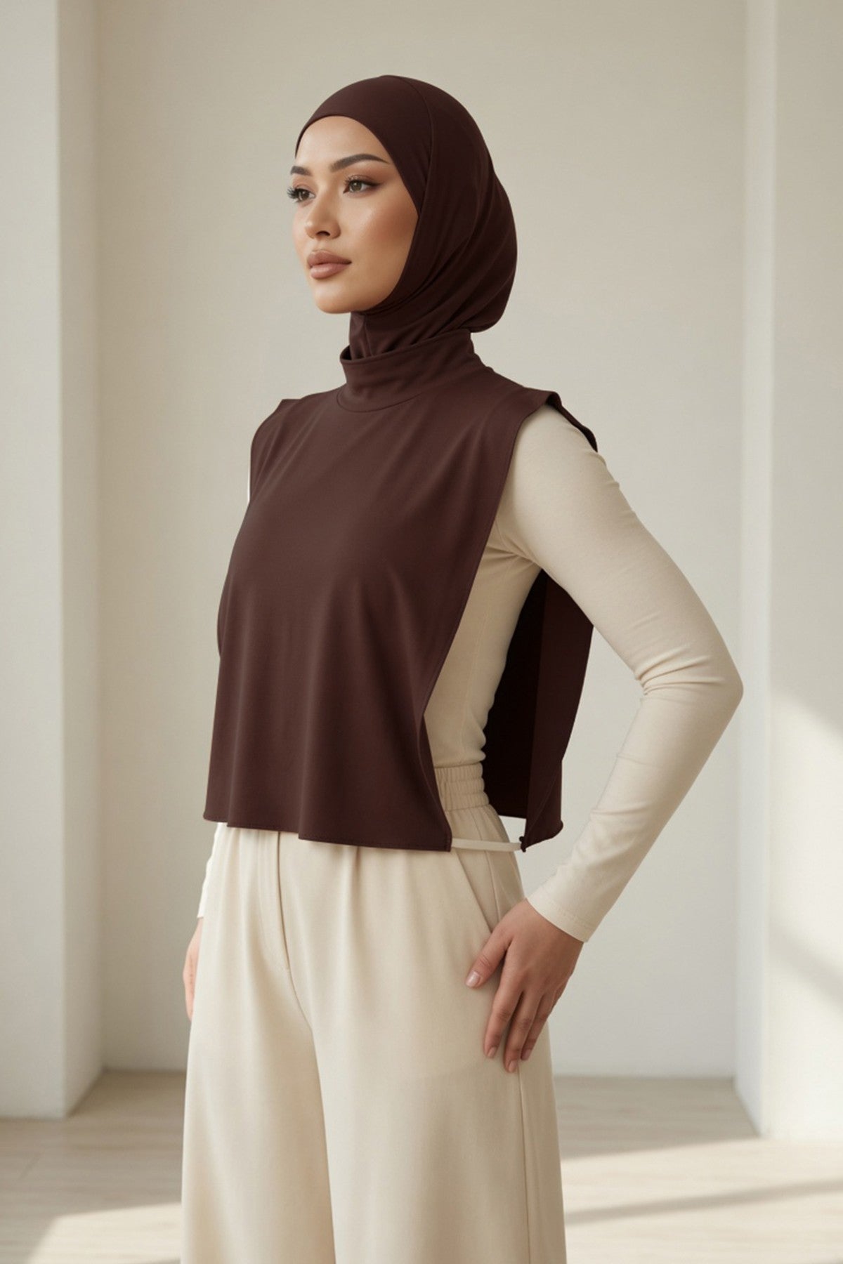 One-Piece Jersey Hijab & Neck Cover Set, Full Coverage Bonnet,DK-2 Brown