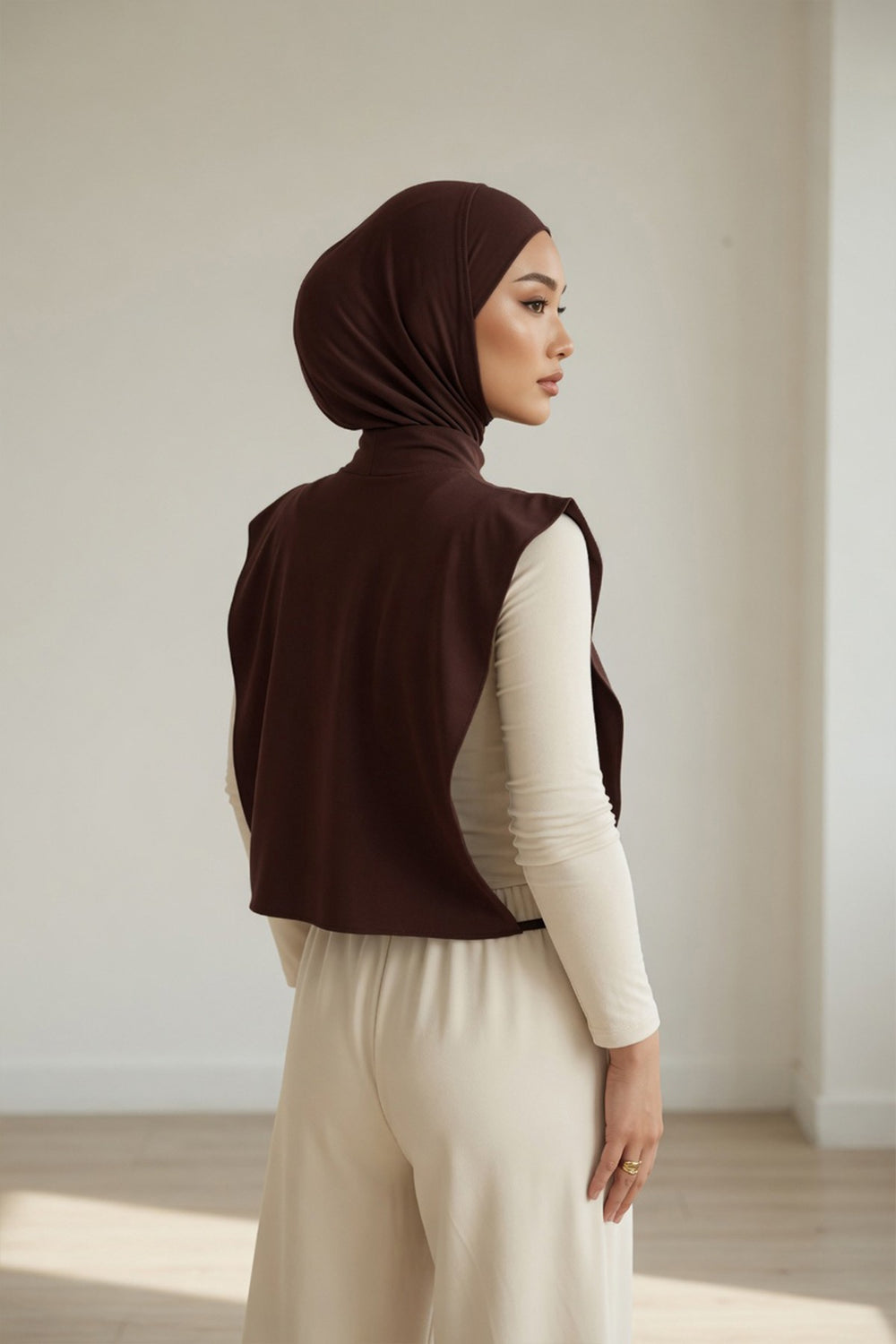 One-Piece Jersey Hijab & Neck Cover Set, Full Coverage Bonnet,DK-2 Brown