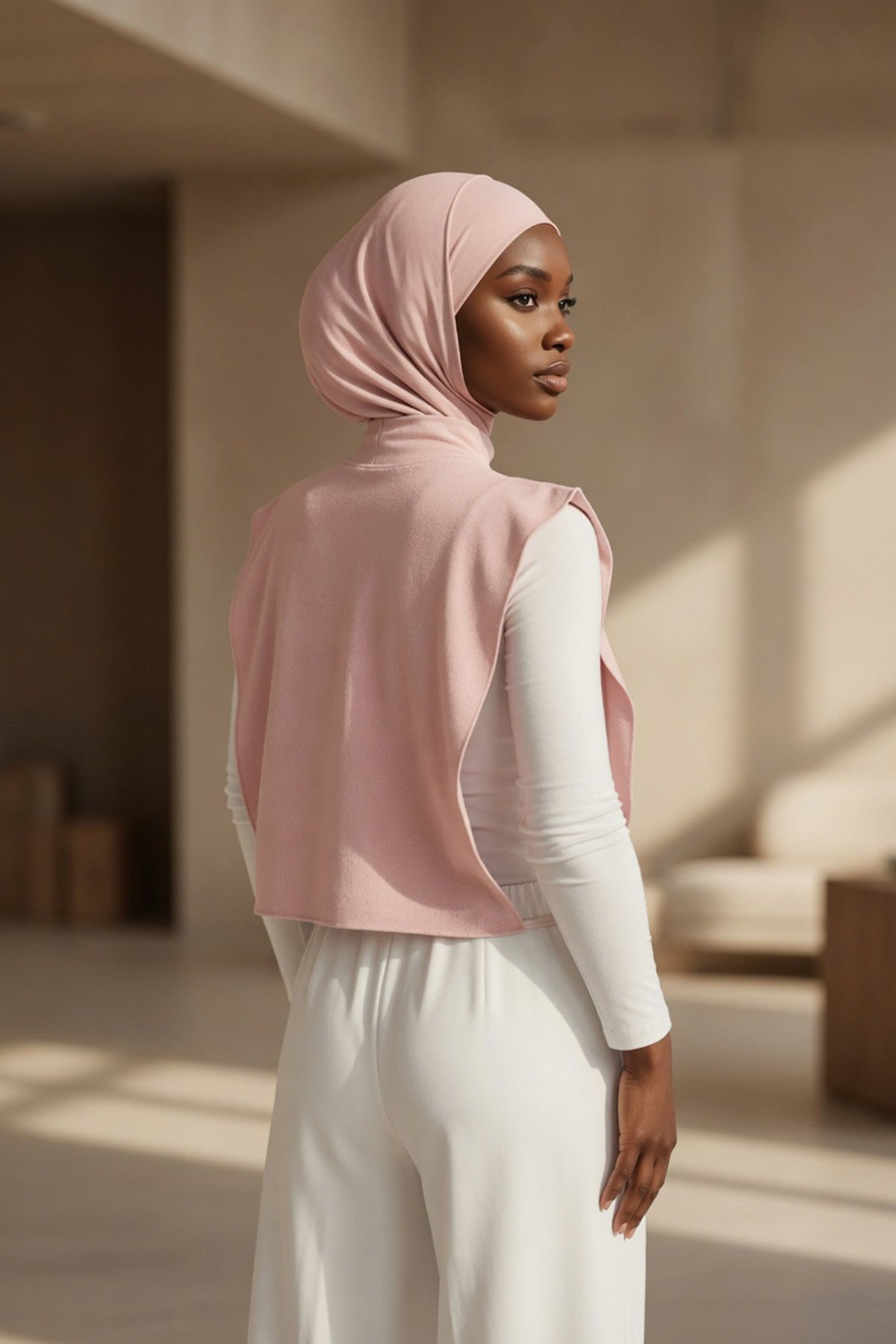 One-Piece Jersey Hijab & Neck Cover Set, Full Coverage Bonnet,DK-2 Powder