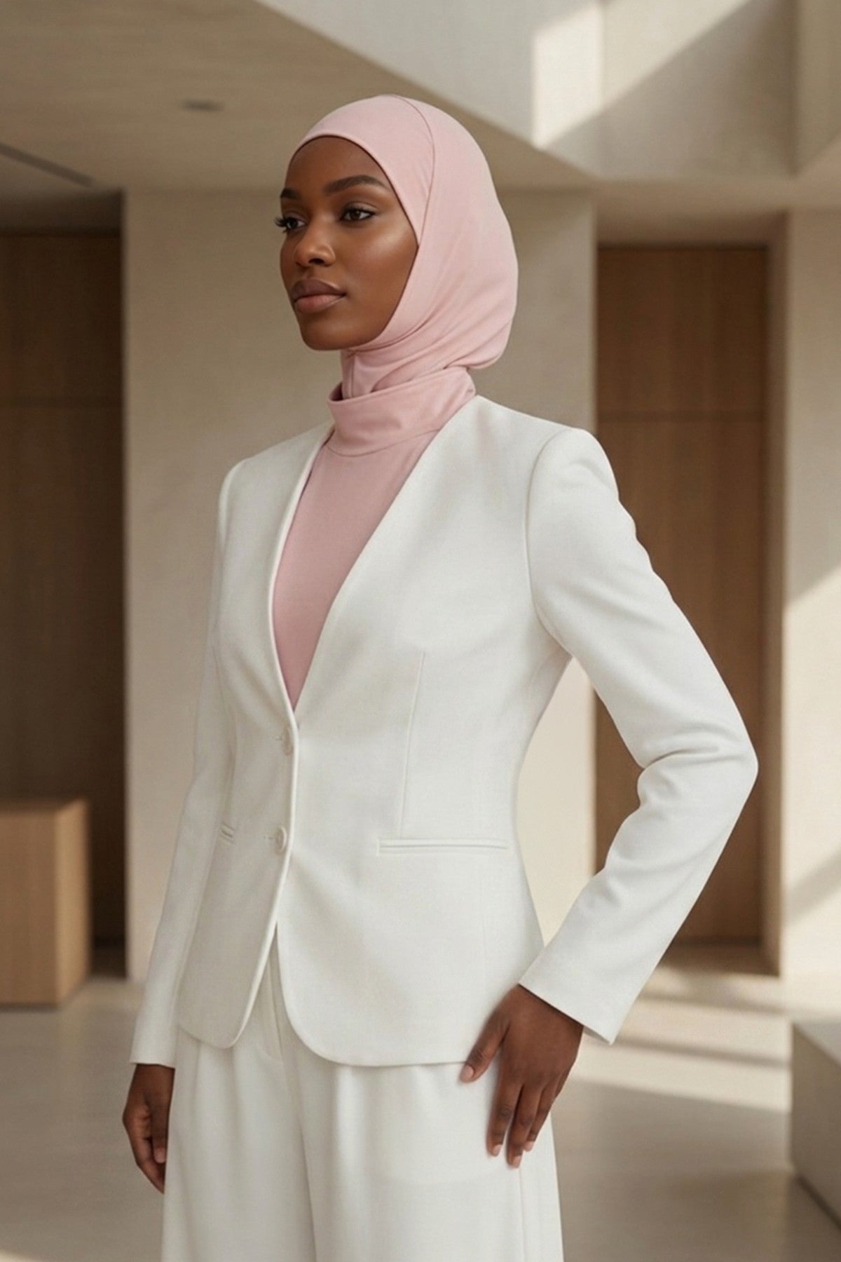 One-Piece Jersey Hijab & Neck Cover Set, Full Coverage Bonnet,DK-2 Powder