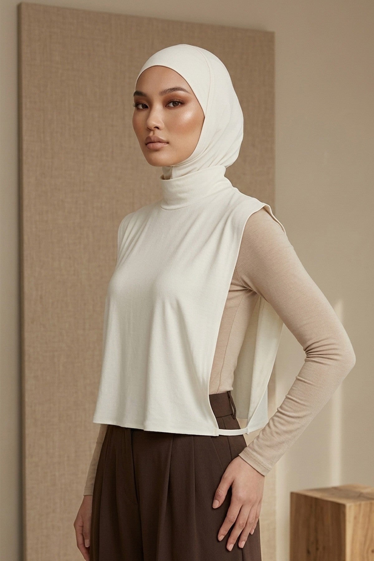 One-Piece Jersey Hijab & Neck Cover Set, Full Coverage Bonnet,DK-2 Ivory