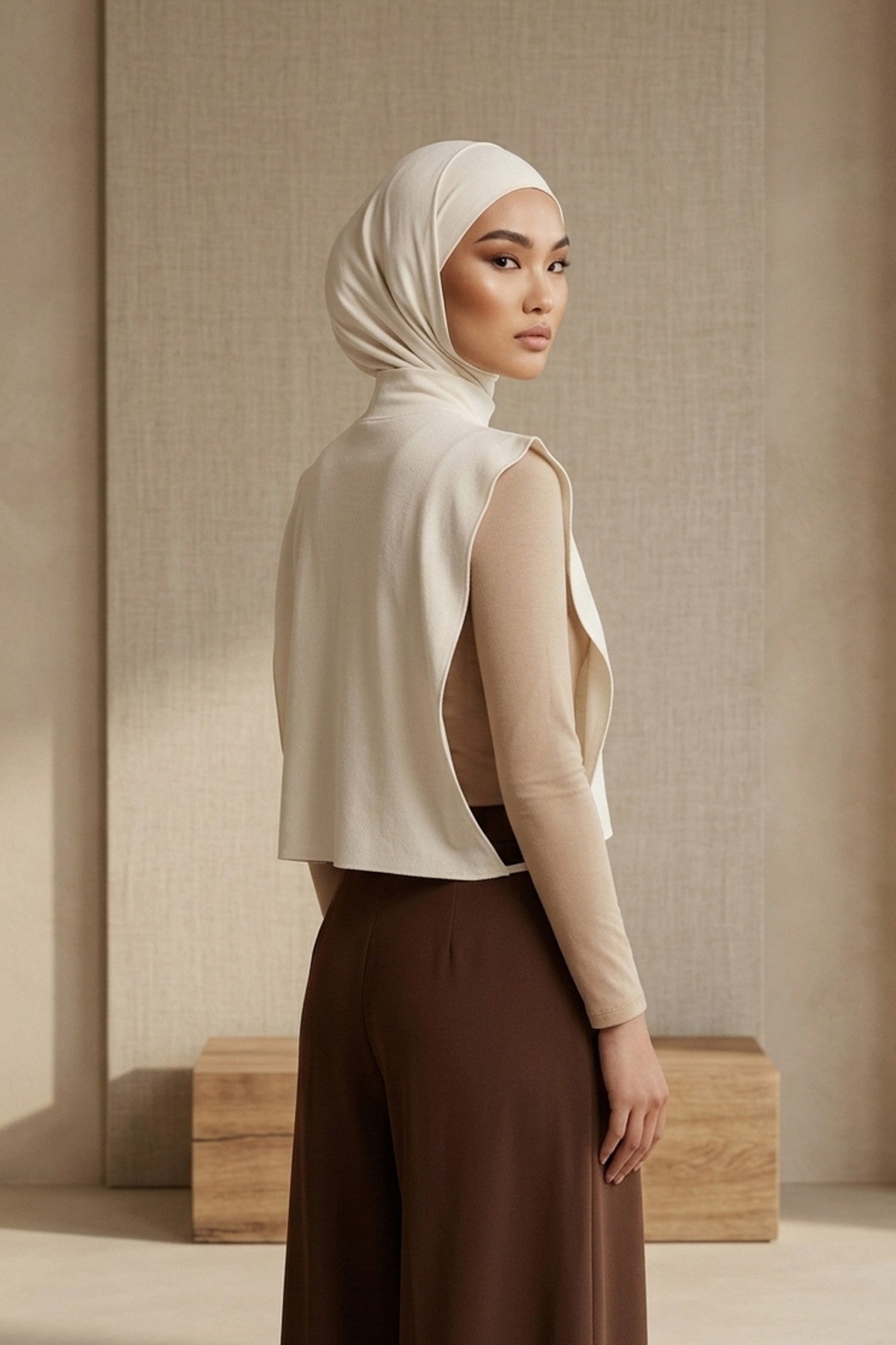 One-Piece Jersey Hijab & Neck Cover Set, Full Coverage Bonnet,DK-2 Ivory