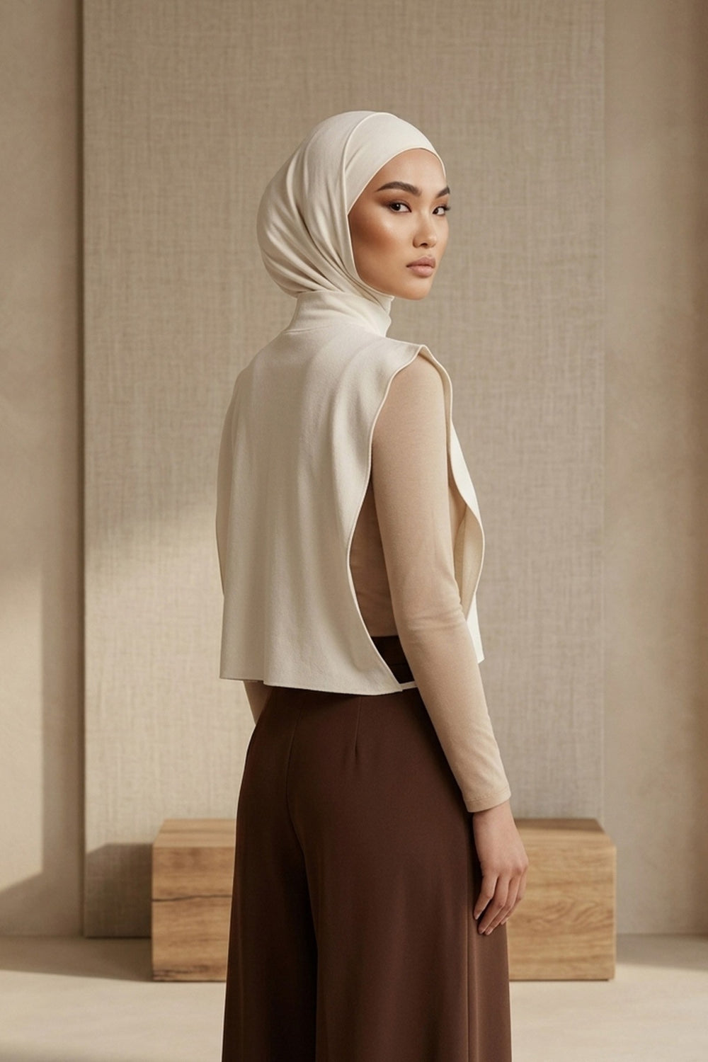 One-Piece Jersey Hijab & Neck Cover Set, Full Coverage Bonnet,DK-2 Ivory