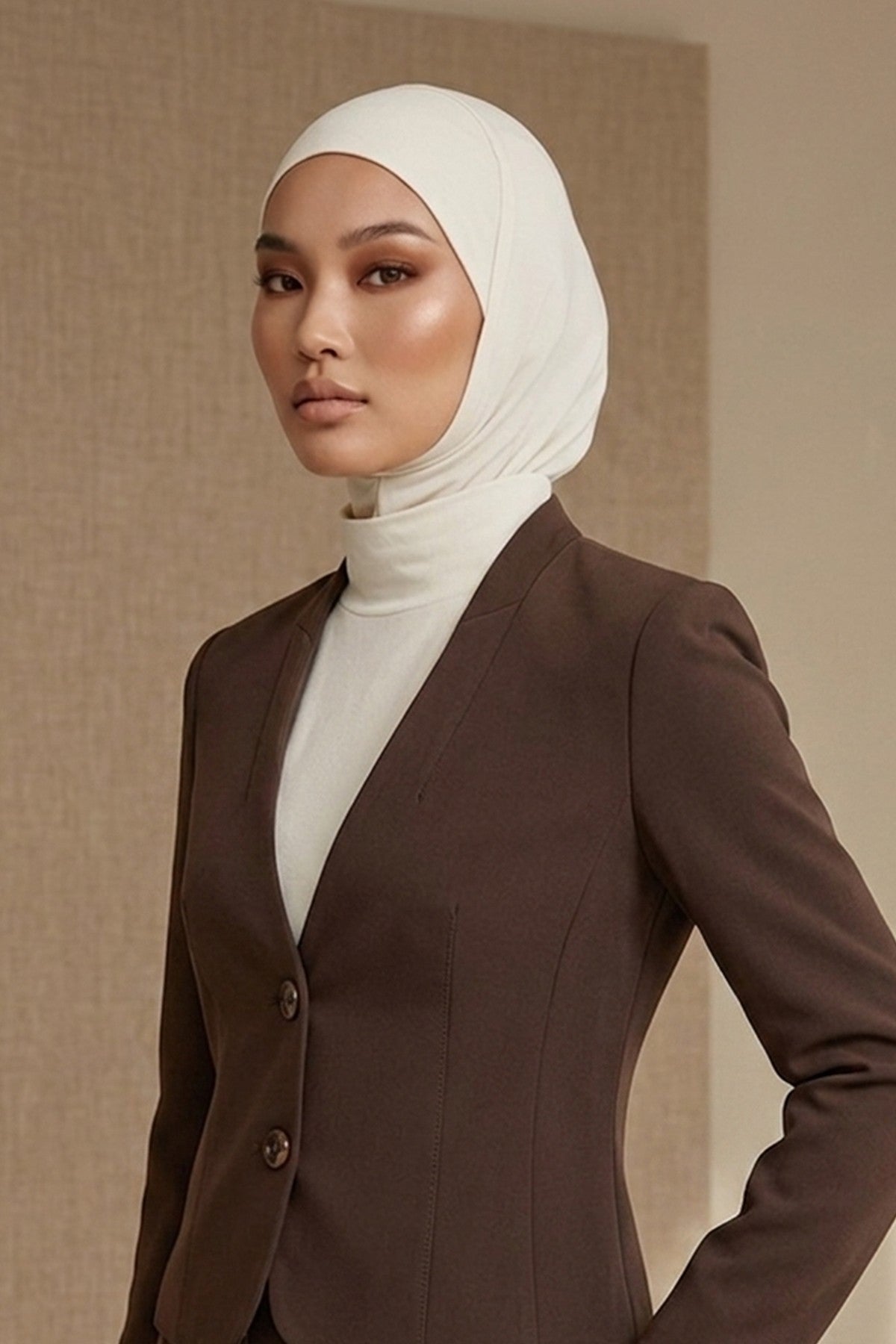 One-Piece Jersey Hijab & Neck Cover Set, Full Coverage Bonnet,DK-2 Ivory