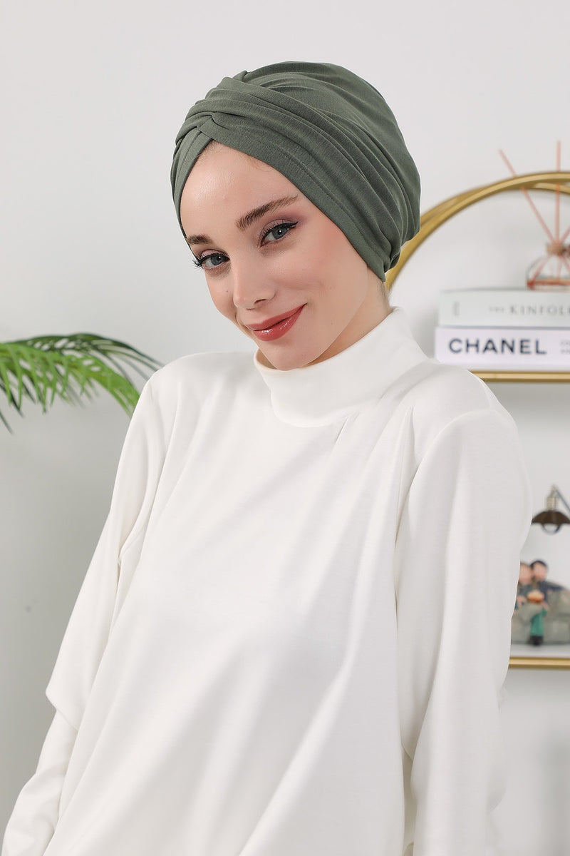 One Size Twist Front Bonnet Hijab, Soft Stretch Double Face Fabric Turban for Women, Modest All Seasons Underscarf Cap,B-9O
