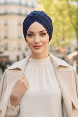 One Size Twist Front Bonnet Hijab, Soft Stretch Double Face Fabric Turban for Women, Modest All Seasons Underscarf Cap,B-9O Navy Blue