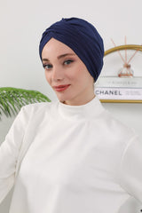 One Size Twist Front Bonnet Hijab, Soft Stretch Double Face Fabric Turban for Women, Modest All Seasons Underscarf Cap,B-9O Navy Blue