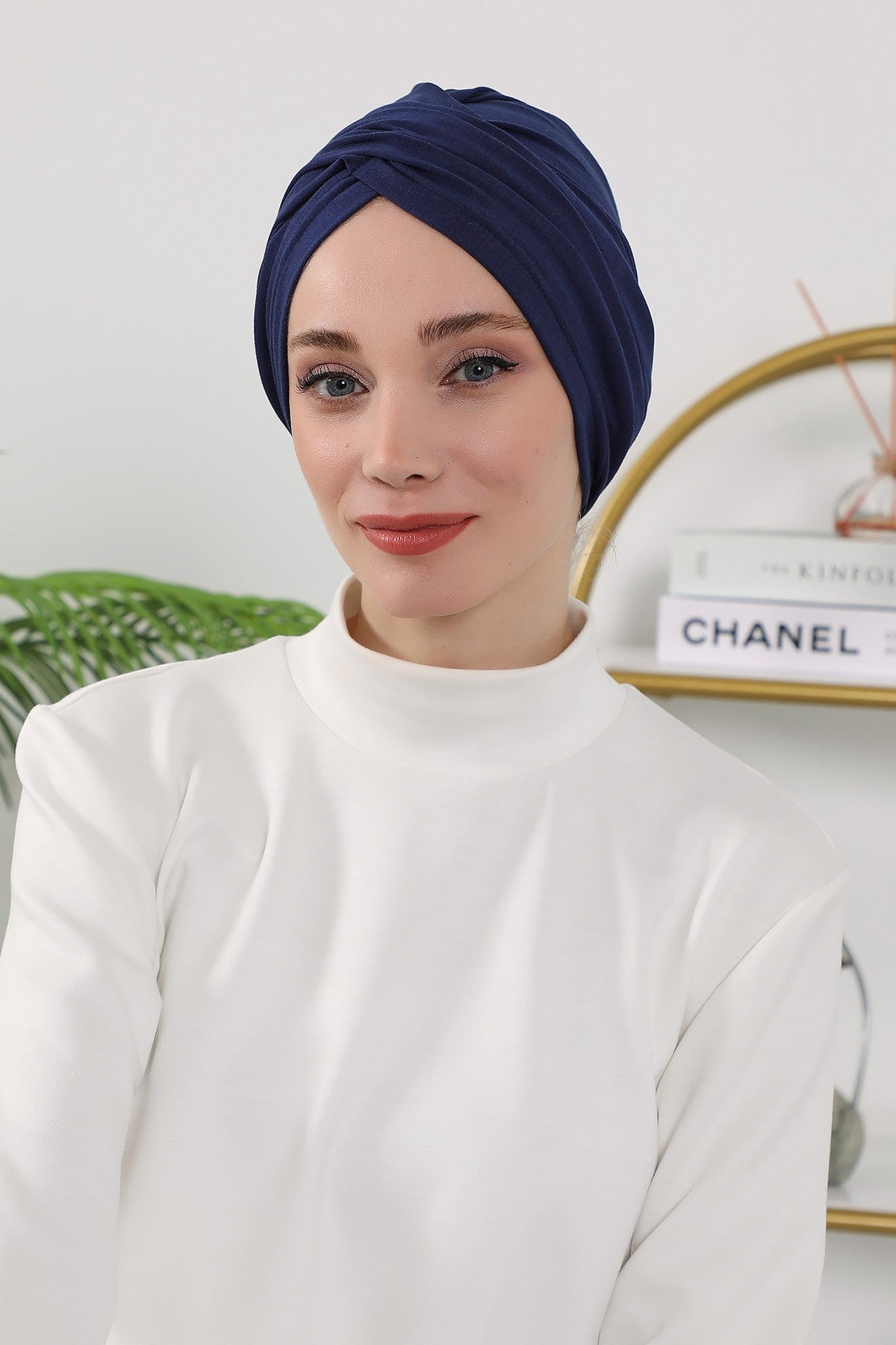 One Size Twist Front Bonnet Hijab, Soft Stretch Double Face Fabric Turban for Women, Modest All Seasons Underscarf Cap,B-9O Navy Blue