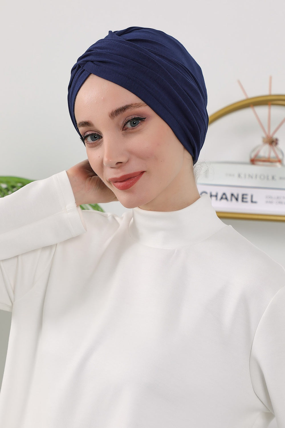 One Size Twist Front Bonnet Hijab, Soft Stretch Double Face Fabric Turban for Women, Modest All Seasons Underscarf Cap,B-9O Navy Blue
