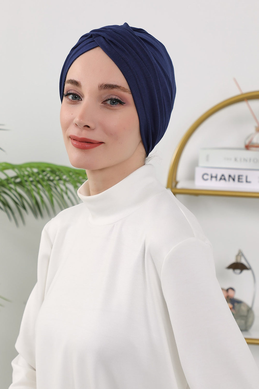One Size Twist Front Bonnet Hijab, Soft Stretch Double Face Fabric Turban for Women, Modest All Seasons Underscarf Cap,B-9O Navy Blue