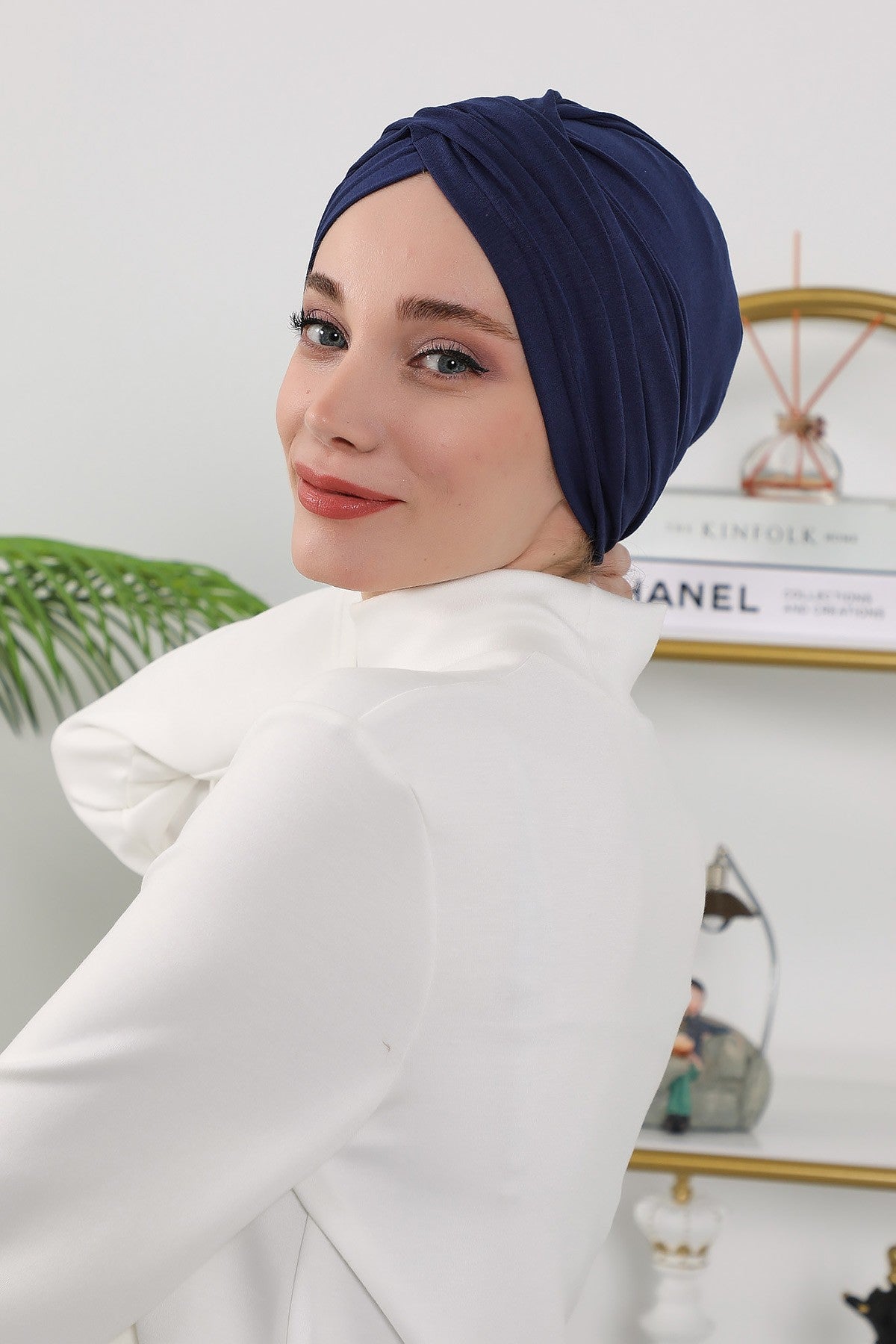 One Size Twist Front Bonnet Hijab, Soft Stretch Double Face Fabric Turban for Women, Modest All Seasons Underscarf Cap,B-9O Navy Blue