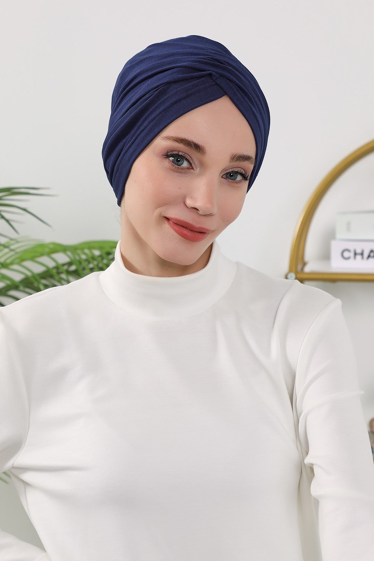 One Size Twist Front Bonnet Hijab, Soft Stretch Double Face Fabric Turban for Women, Modest All Seasons Underscarf Cap,B-9O Navy Blue