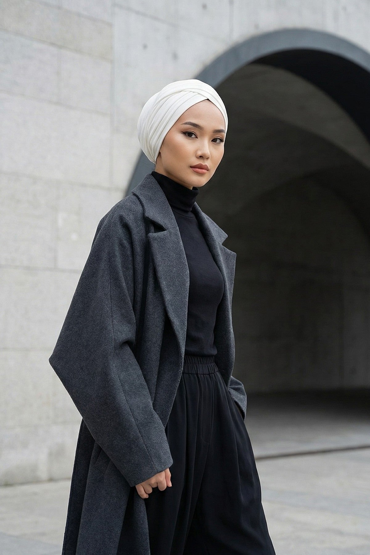 One Size Twist Front Bonnet Hijab, Soft Stretch Double Face Fabric Turban for Women, Modest All Seasons Underscarf Cap,B-9O Ecru