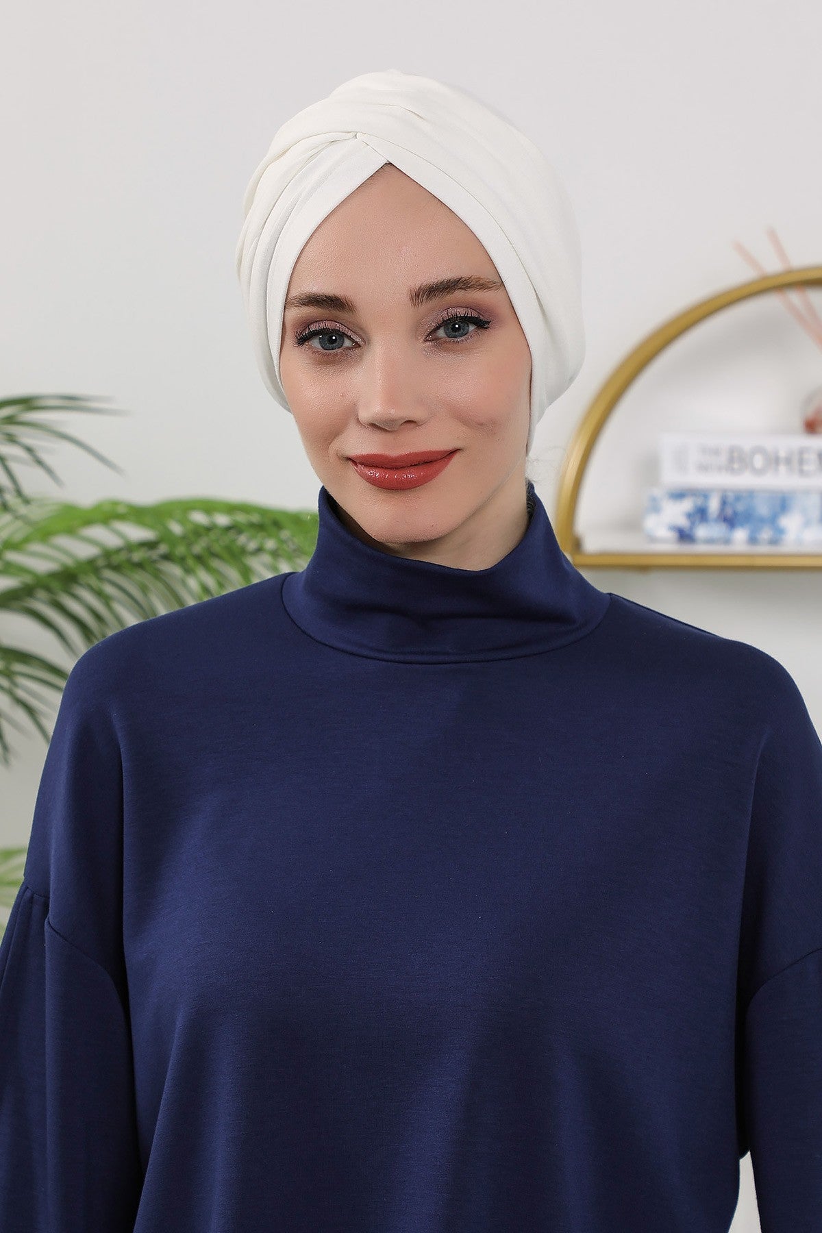 One Size Twist Front Bonnet Hijab, Soft Stretch Double Face Fabric Turban for Women, Modest All Seasons Underscarf Cap,B-9O Ecru