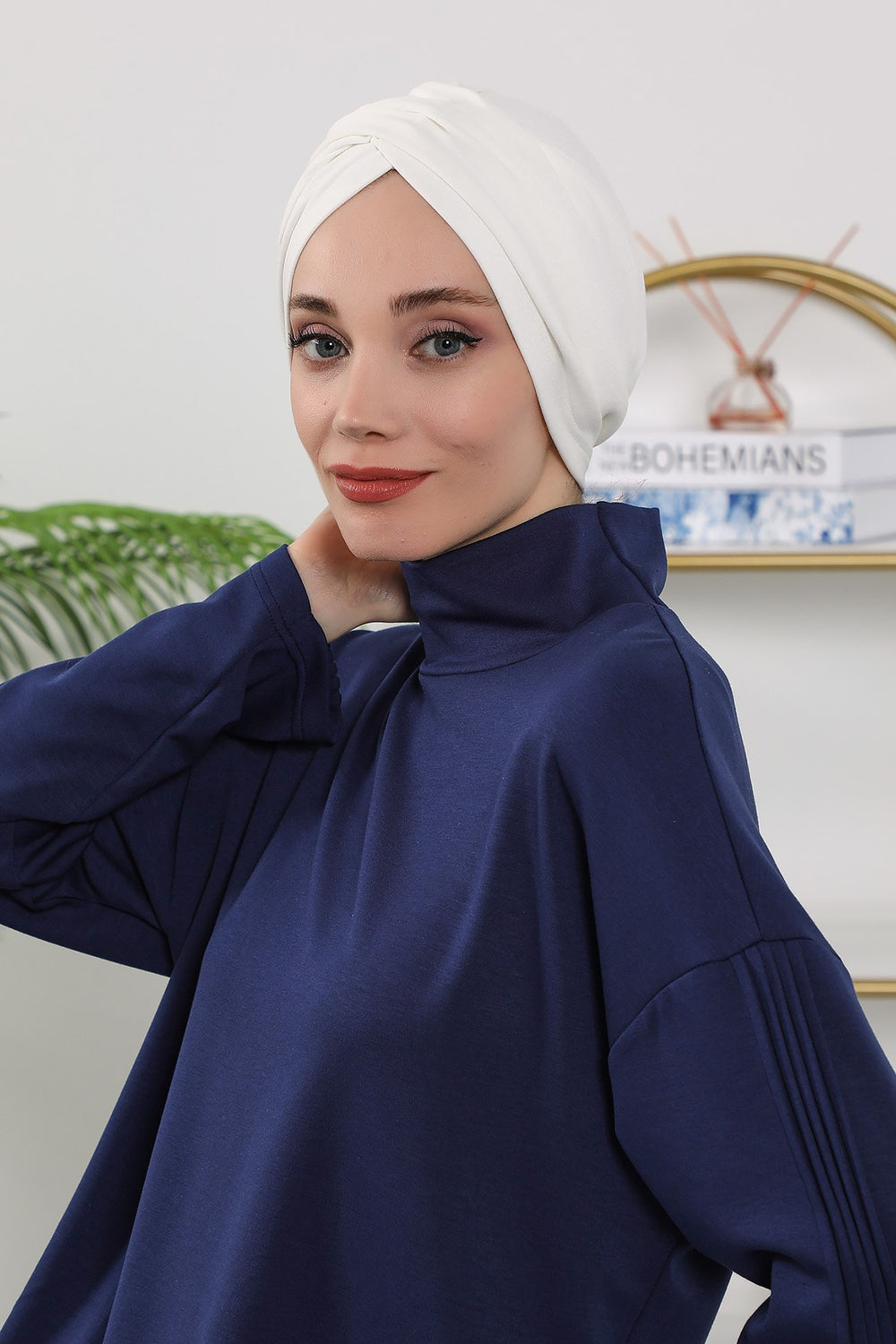 One Size Twist Front Bonnet Hijab, Soft Stretch Double Face Fabric Turban for Women, Modest All Seasons Underscarf Cap,B-9O Ecru
