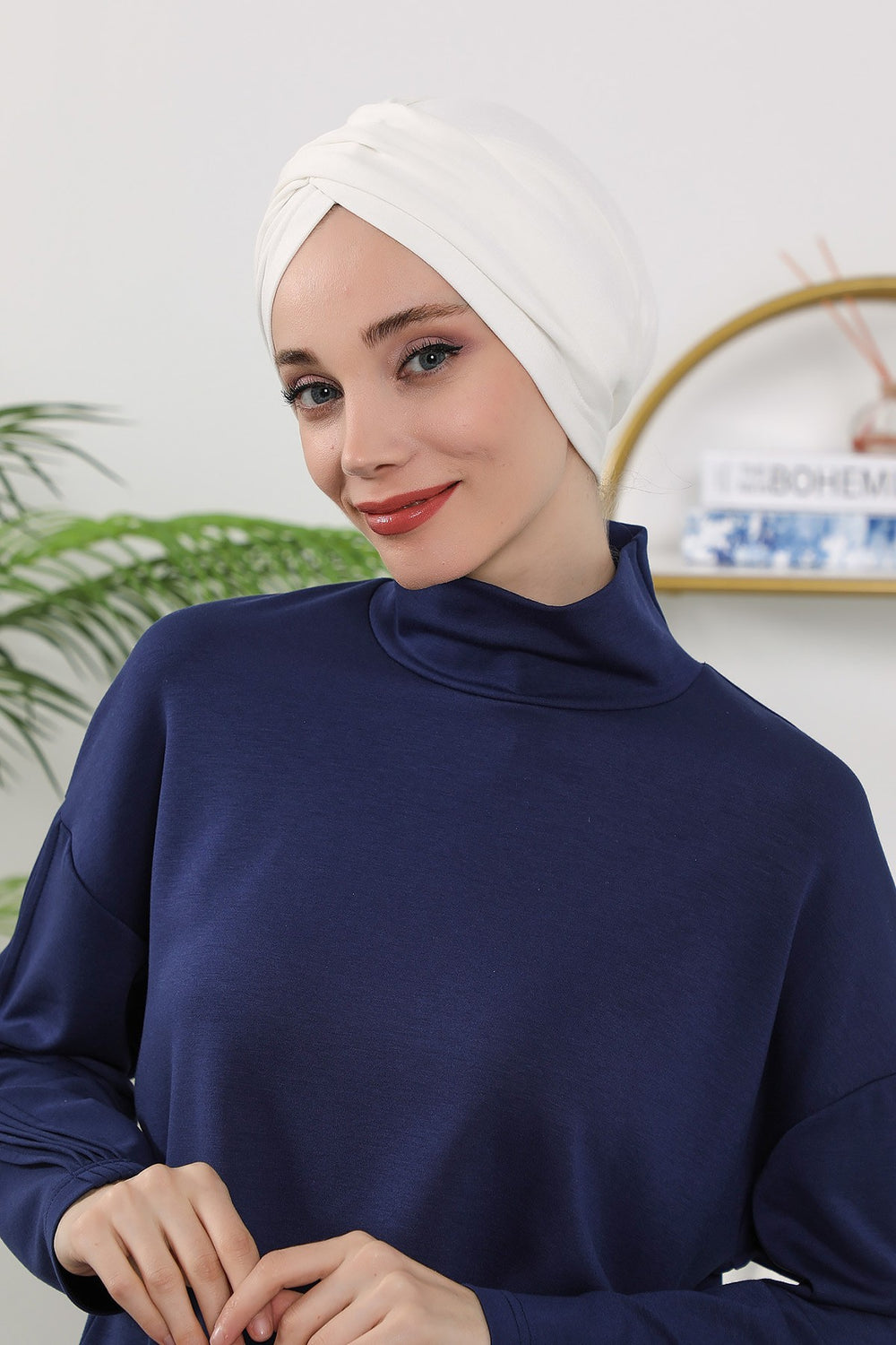 One Size Twist Front Bonnet Hijab, Soft Stretch Double Face Fabric Turban for Women, Modest All Seasons Underscarf Cap,B-9O Ecru