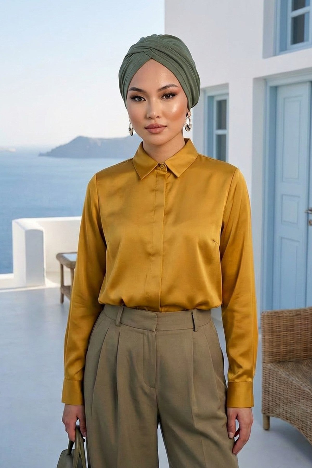 One Size Twist Front Bonnet Hijab, Soft Stretch Double Face Fabric Turban for Women, Modest All Seasons Underscarf Cap,B-9O Army Green