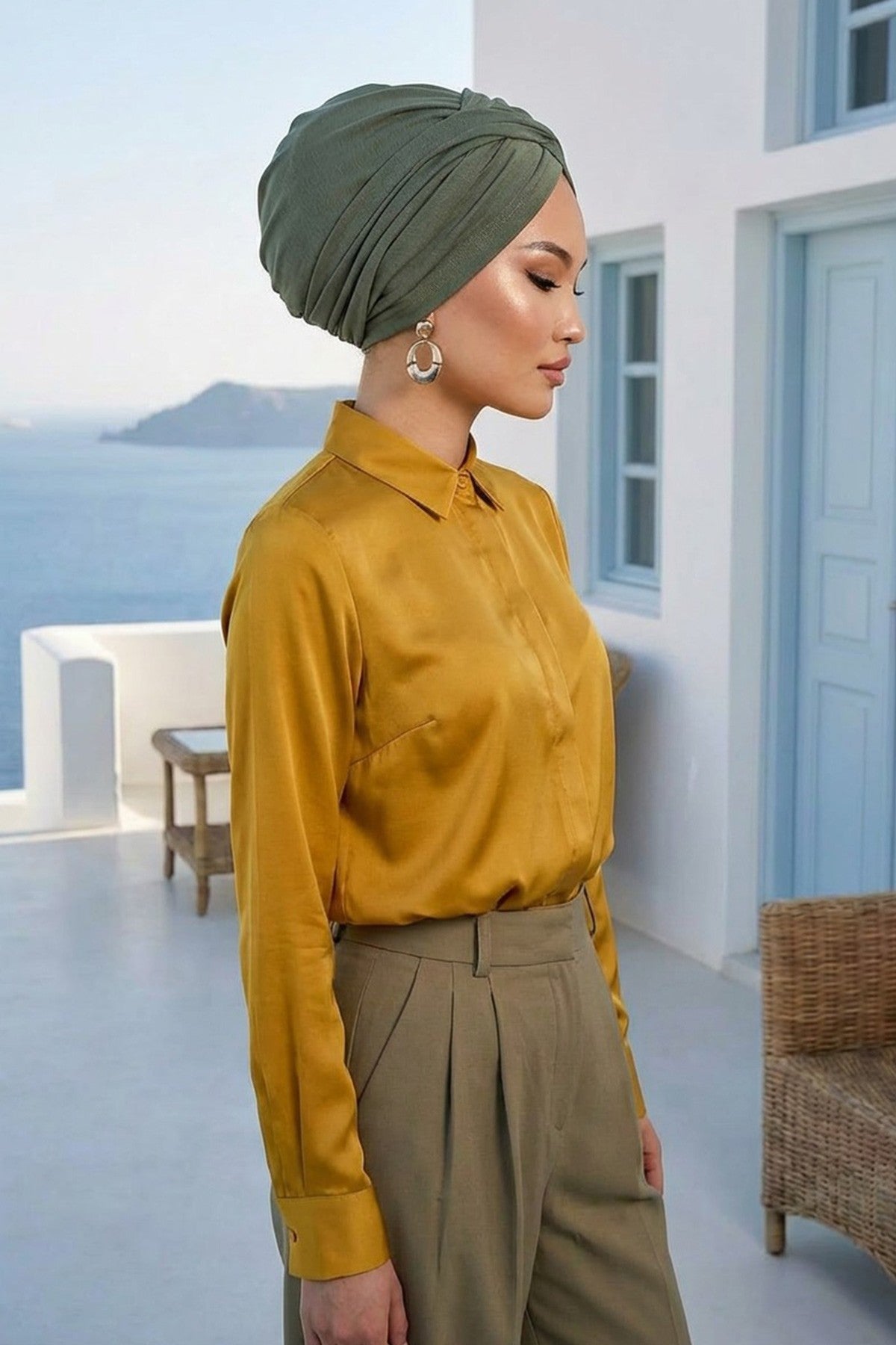 One Size Twist Front Bonnet Hijab, Soft Stretch Double Face Fabric Turban for Women, Modest All Seasons Underscarf Cap,B-9O Army Green