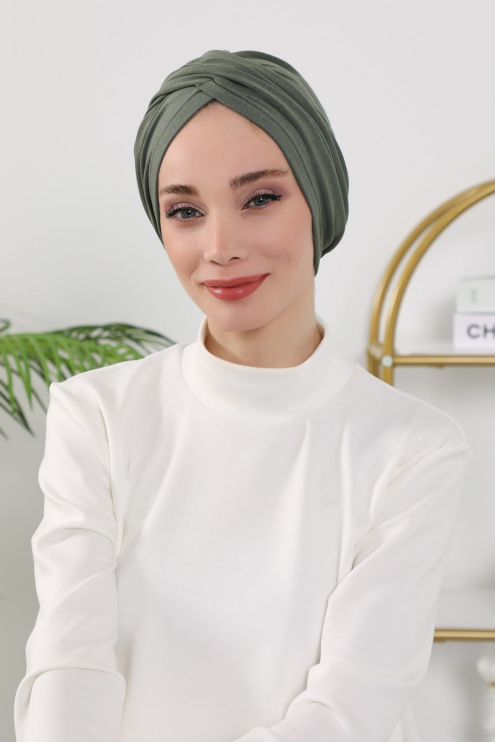 One Size Twist Front Bonnet Hijab, Soft Stretch Double Face Fabric Turban for Women, Modest All Seasons Underscarf Cap,B-9O Army Green