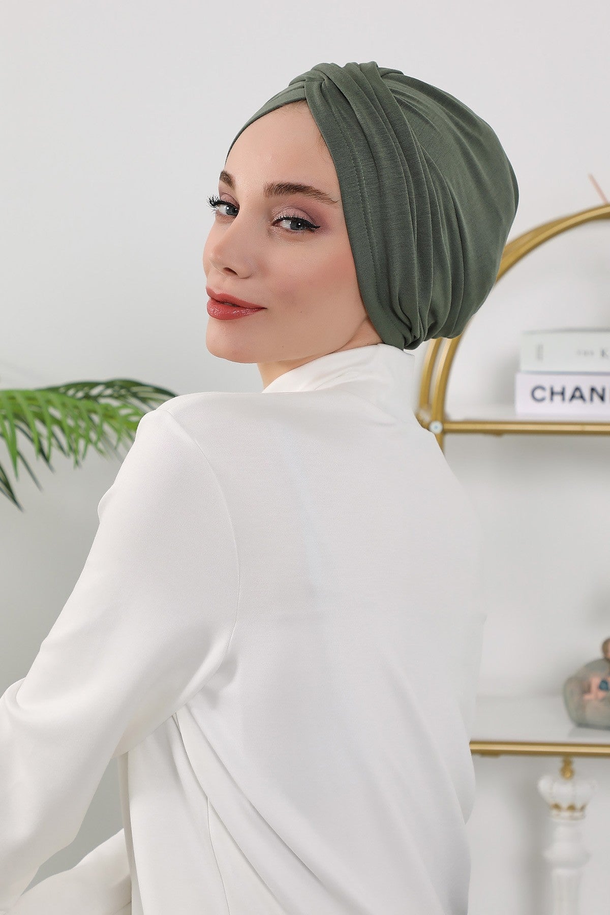 One Size Twist Front Bonnet Hijab, Soft Stretch Double Face Fabric Turban for Women, Modest All Seasons Underscarf Cap,B-9O Army Green