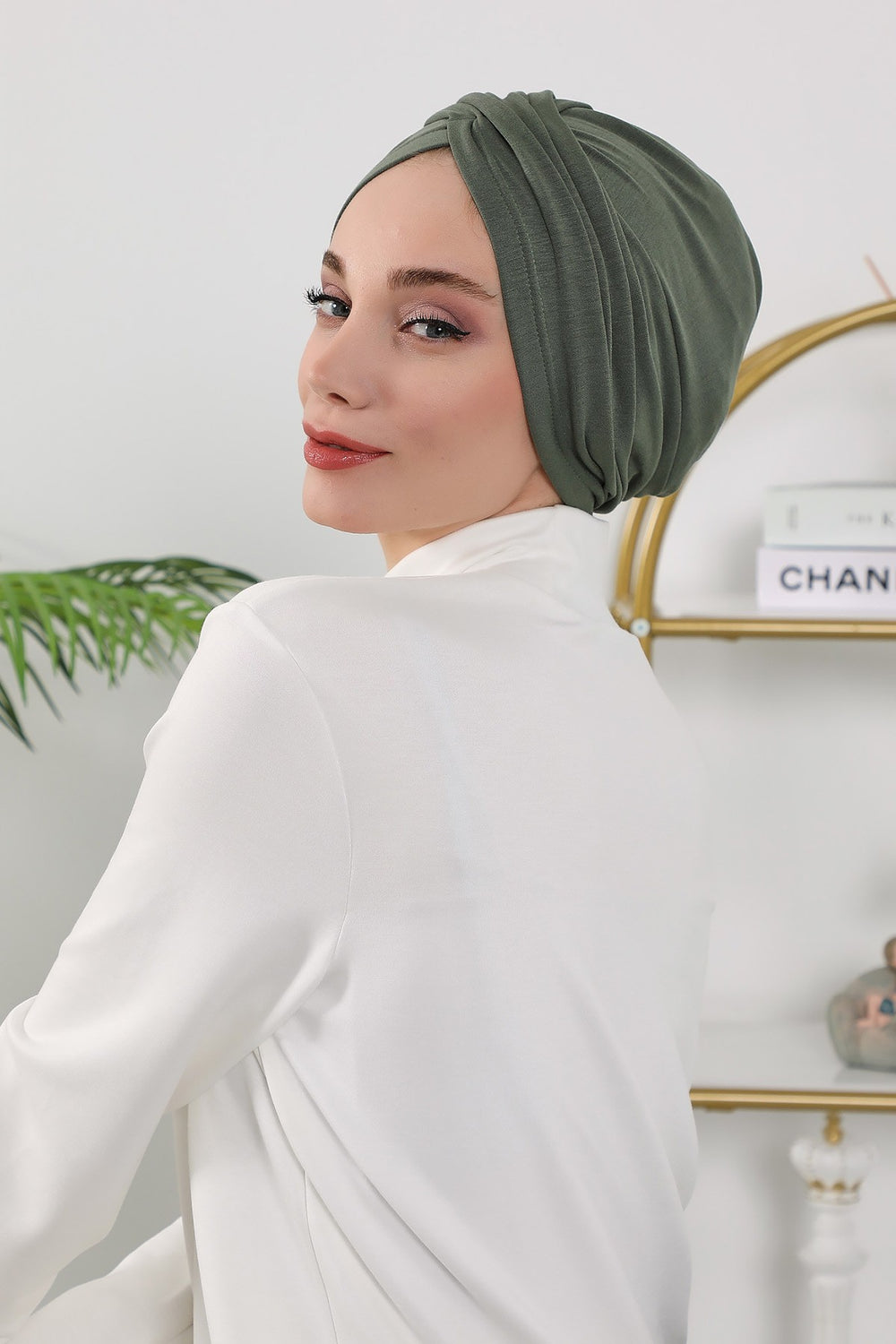 One Size Twist Front Bonnet Hijab, Soft Stretch Double Face Fabric Turban for Women, Modest All Seasons Underscarf Cap,B-9O Army Green