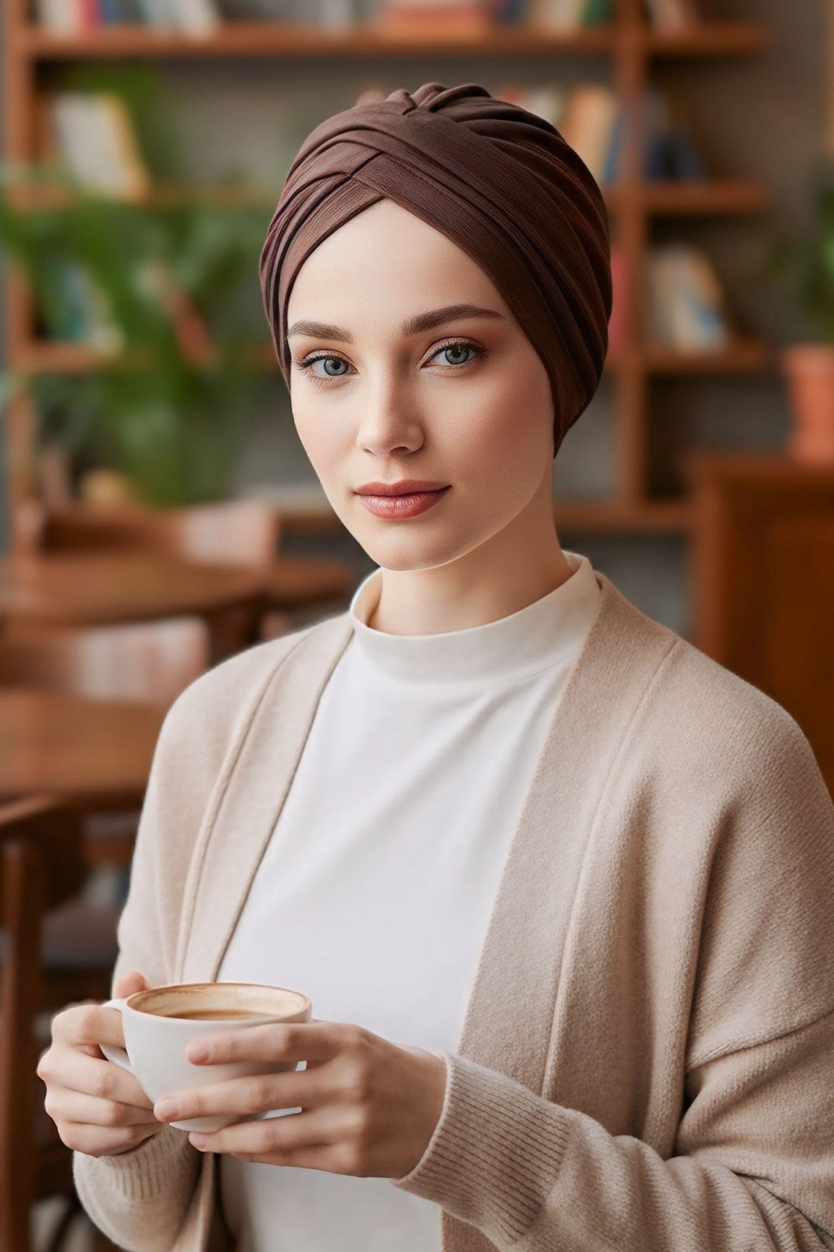 One Size Twist Front Bonnet Hijab, Soft Stretch Double Face Fabric Turban for Women, Modest All Seasons Underscarf Cap,B-9O Brown