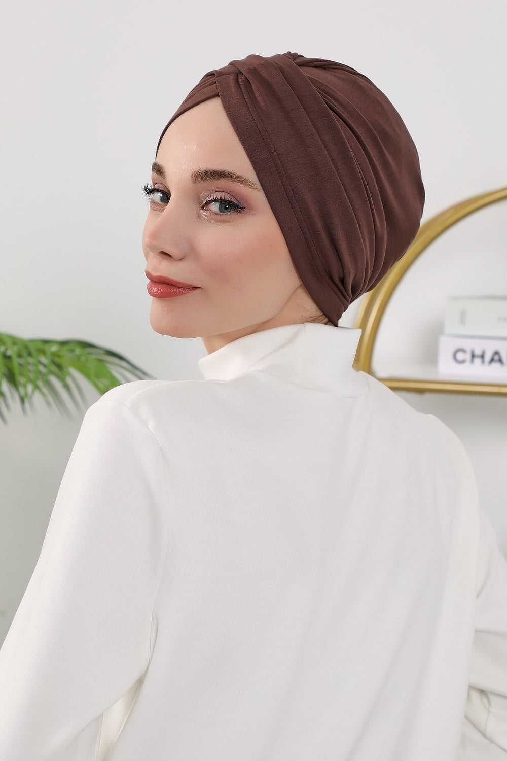One Size Twist Front Bonnet Hijab, Soft Stretch Double Face Fabric Turban for Women, Modest All Seasons Underscarf Cap,B-9O Brown