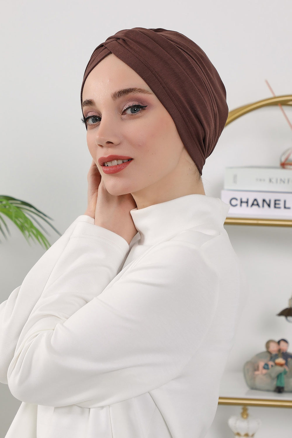 One Size Twist Front Bonnet Hijab, Soft Stretch Double Face Fabric Turban for Women, Modest All Seasons Underscarf Cap,B-9O Brown