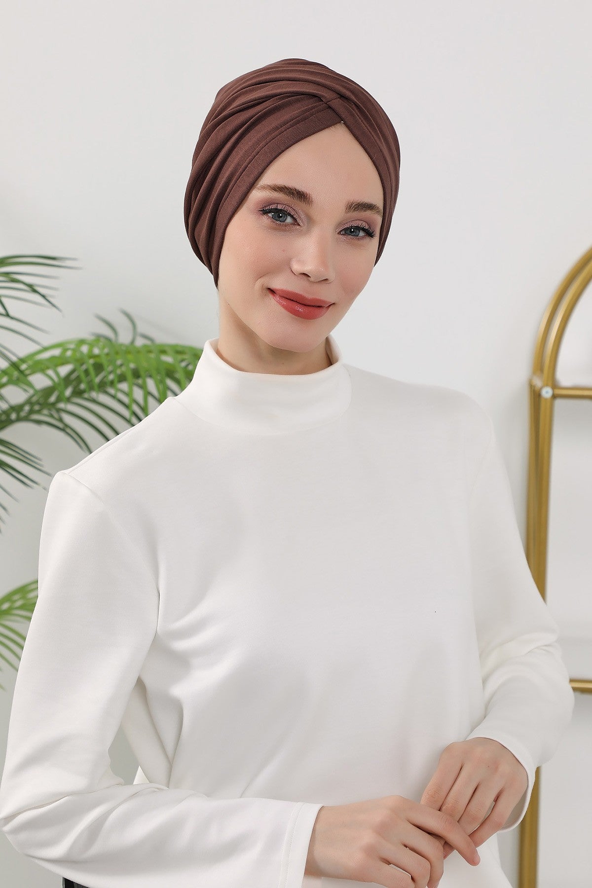 One Size Twist Front Bonnet Hijab, Soft Stretch Double Face Fabric Turban for Women, Modest All Seasons Underscarf Cap,B-9O Brown
