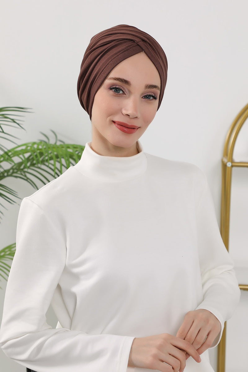One Size Twist Front Bonnet Hijab, Soft Stretch Double Face Fabric Turban for Women, Modest All Seasons Underscarf Cap,B-9O