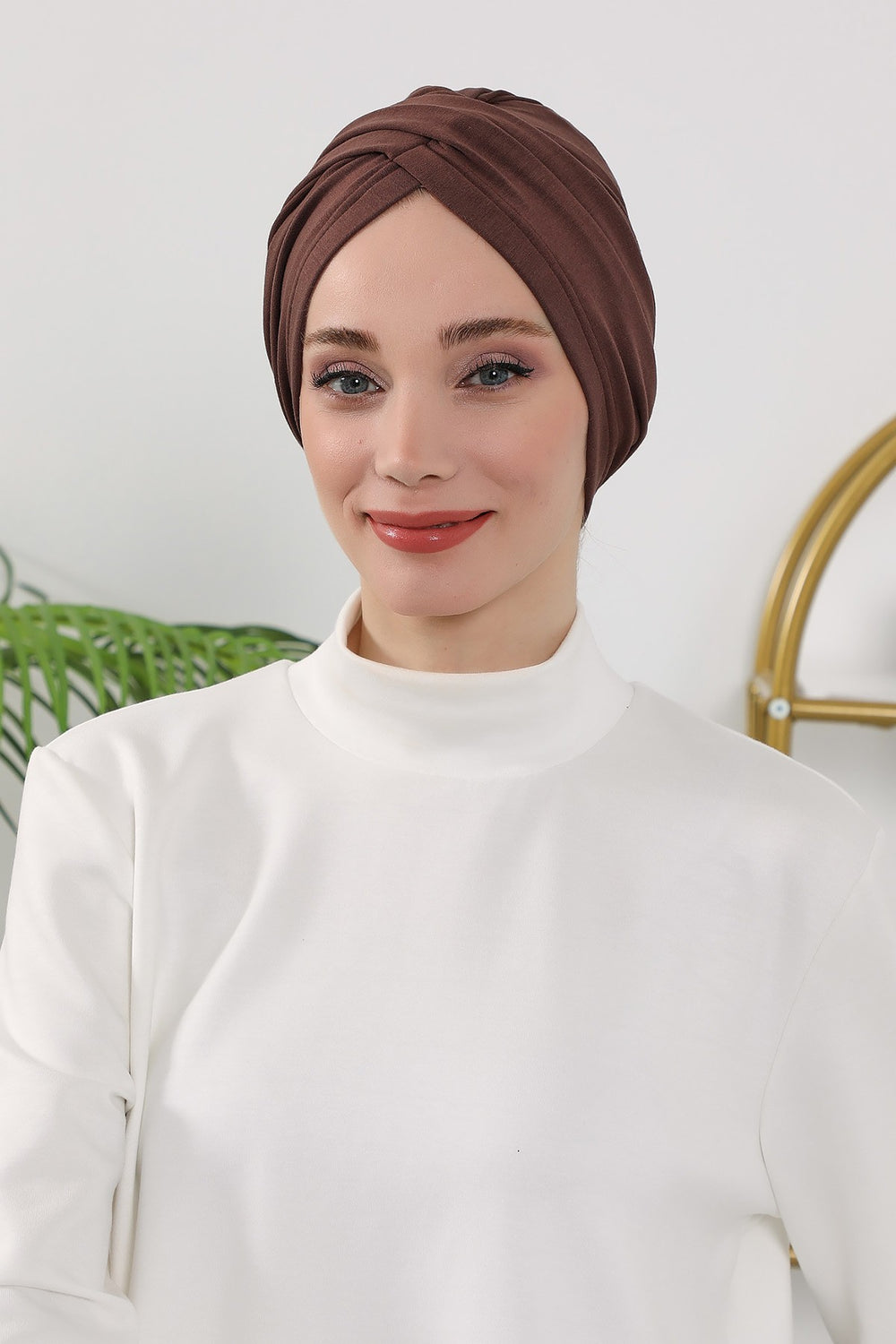 One Size Twist Front Bonnet Hijab, Soft Stretch Double Face Fabric Turban for Women, Modest All Seasons Underscarf Cap,B-9O Brown
