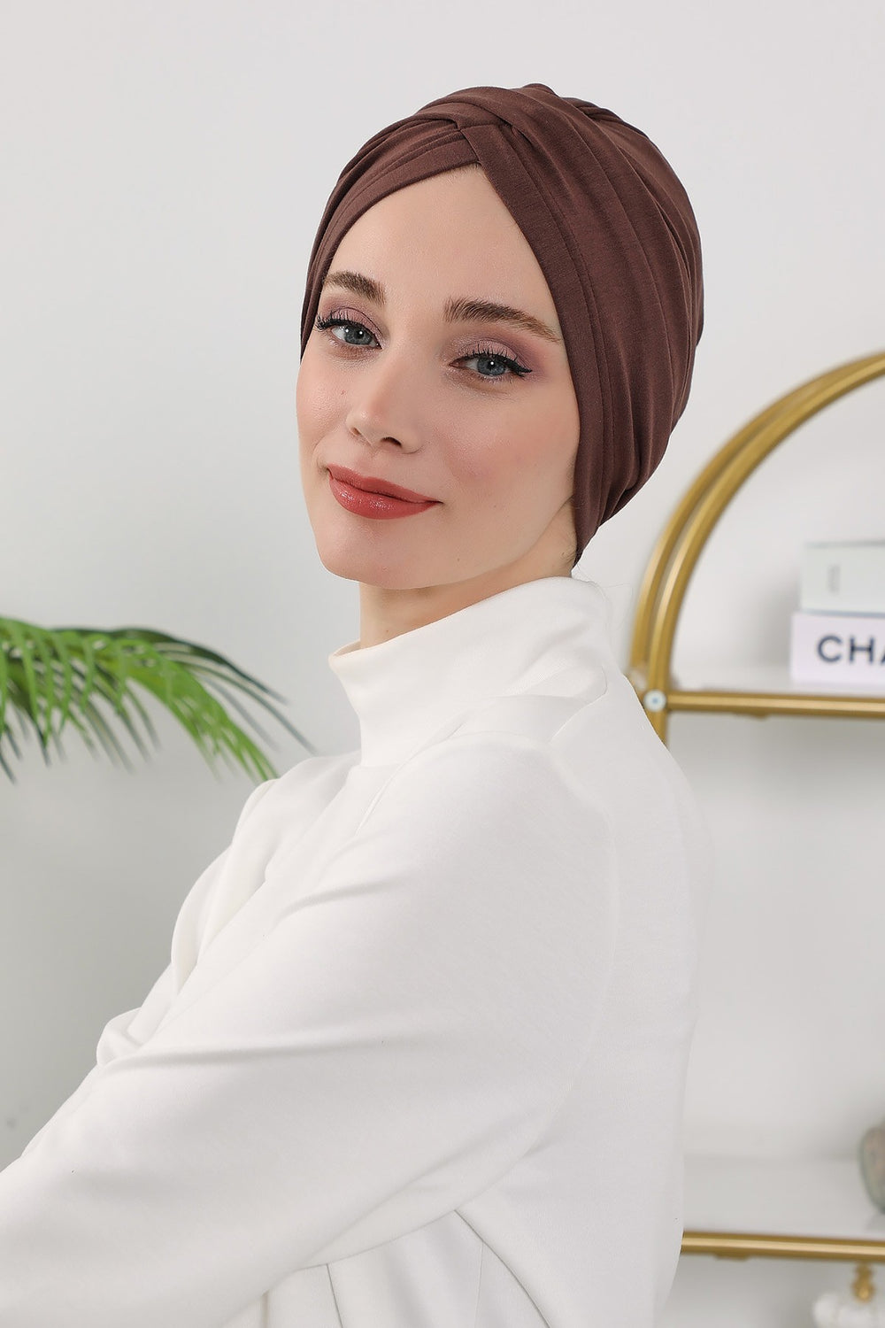 One Size Twist Front Bonnet Hijab, Soft Stretch Double Face Fabric Turban for Women, Modest All Seasons Underscarf Cap,B-9O Brown