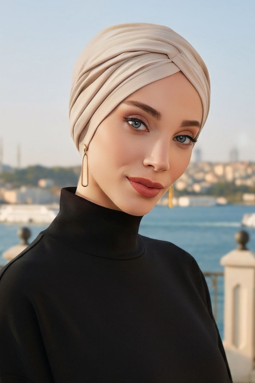 One Size Twist Front Bonnet Hijab, Soft Stretch Double Face Fabric Turban for Women, Modest All Seasons Underscarf Cap,B-9O Beige