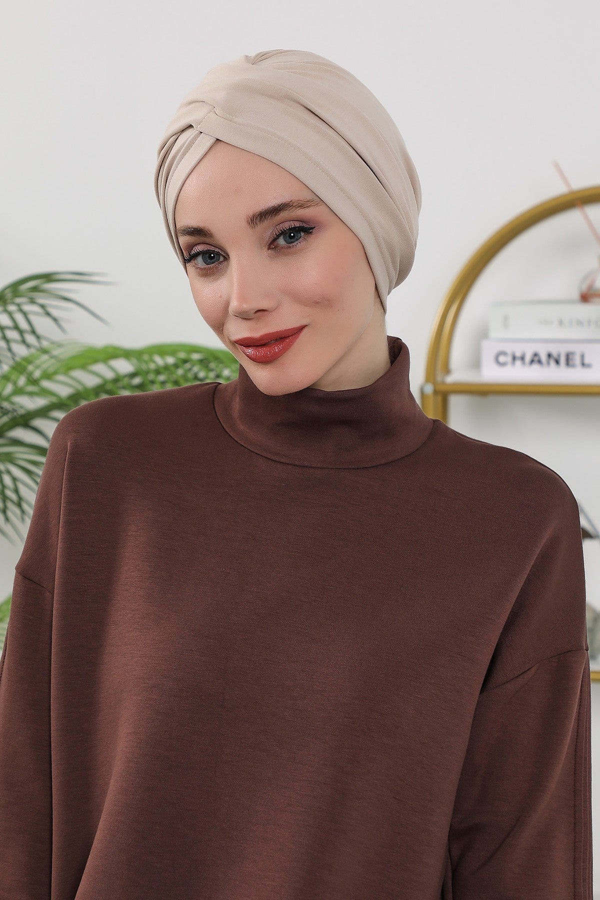 One Size Twist Front Bonnet Hijab, Soft Stretch Double Face Fabric Turban for Women, Modest All Seasons Underscarf Cap,B-9O Beige