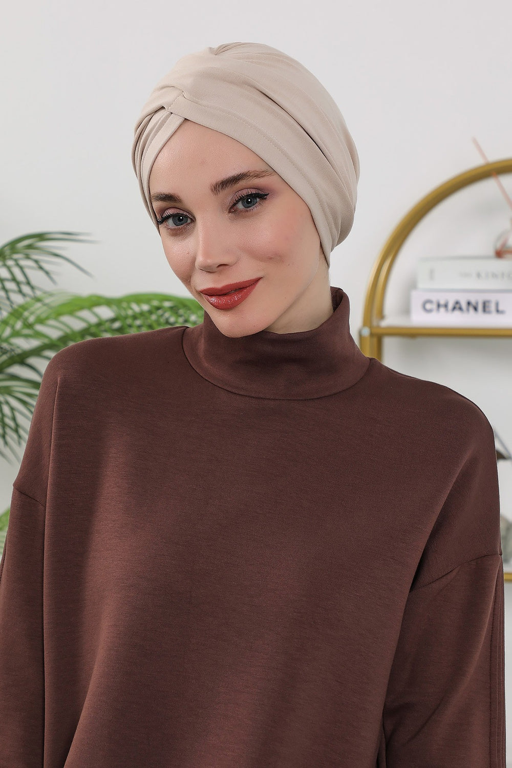 One Size Twist Front Bonnet Hijab, Soft Stretch Double Face Fabric Turban for Women, Modest All Seasons Underscarf Cap,B-9O Beige