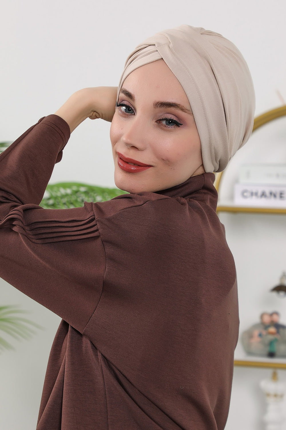 One Size Twist Front Bonnet Hijab, Soft Stretch Double Face Fabric Turban for Women, Modest All Seasons Underscarf Cap,B-9O Beige