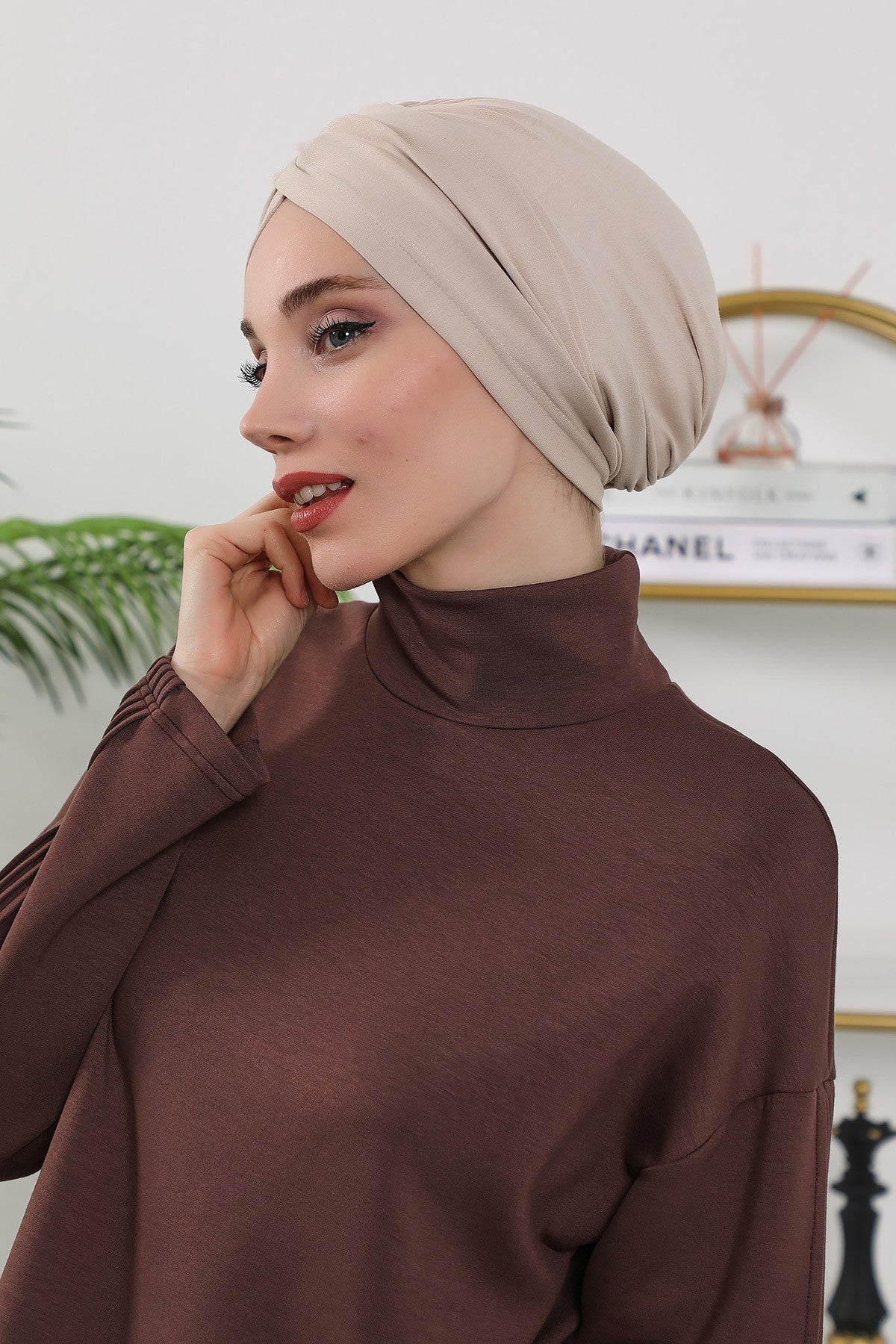 One Size Twist Front Bonnet Hijab, Soft Stretch Double Face Fabric Turban for Women, Modest All Seasons Underscarf Cap,B-9O Beige