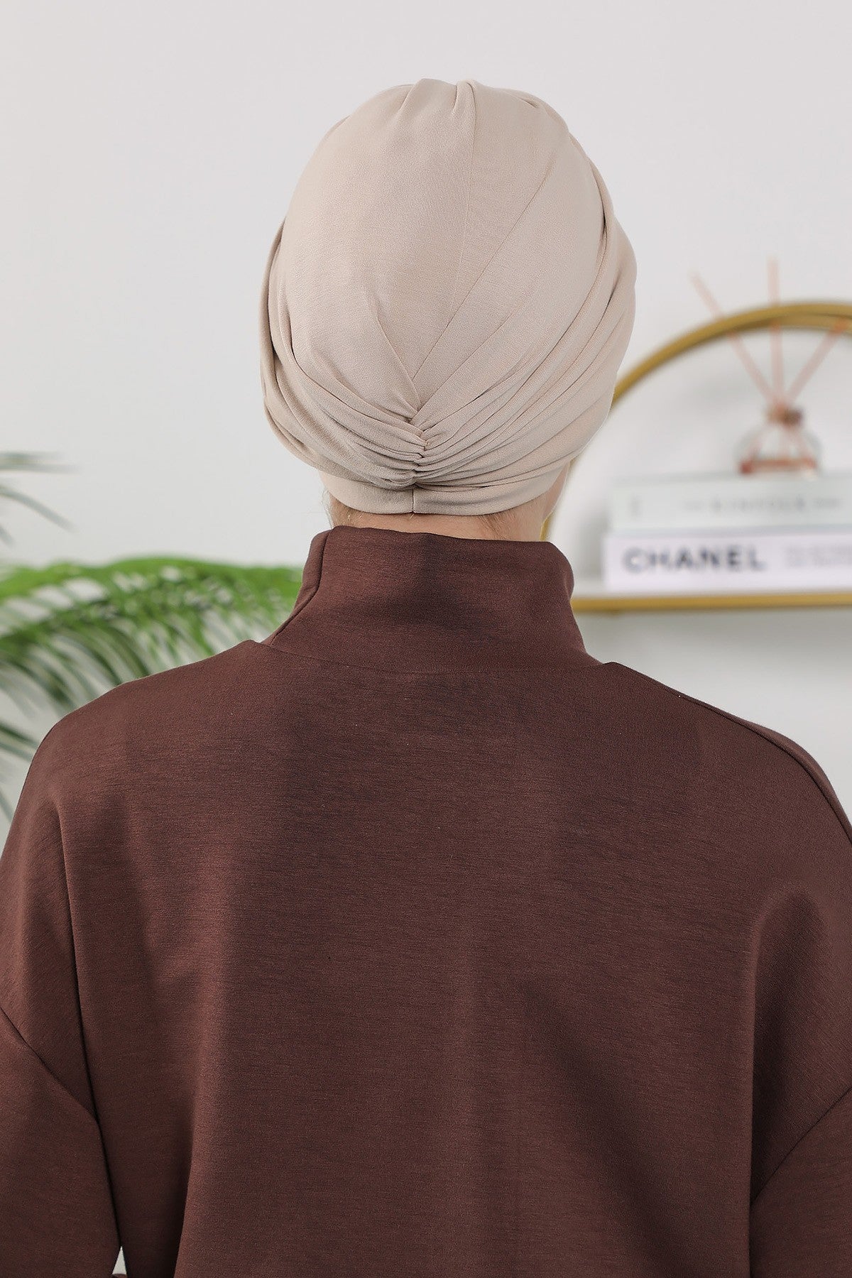 One Size Twist Front Bonnet Hijab, Soft Stretch Double Face Fabric Turban for Women, Modest All Seasons Underscarf Cap,B-9O Beige
