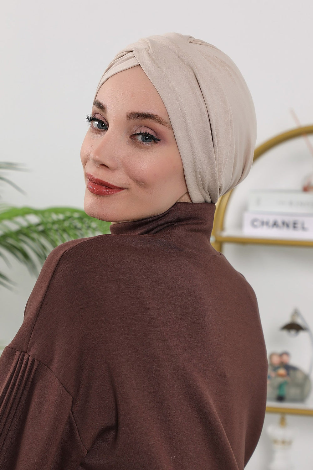 One Size Twist Front Bonnet Hijab, Soft Stretch Double Face Fabric Turban for Women, Modest All Seasons Underscarf Cap,B-9O Beige